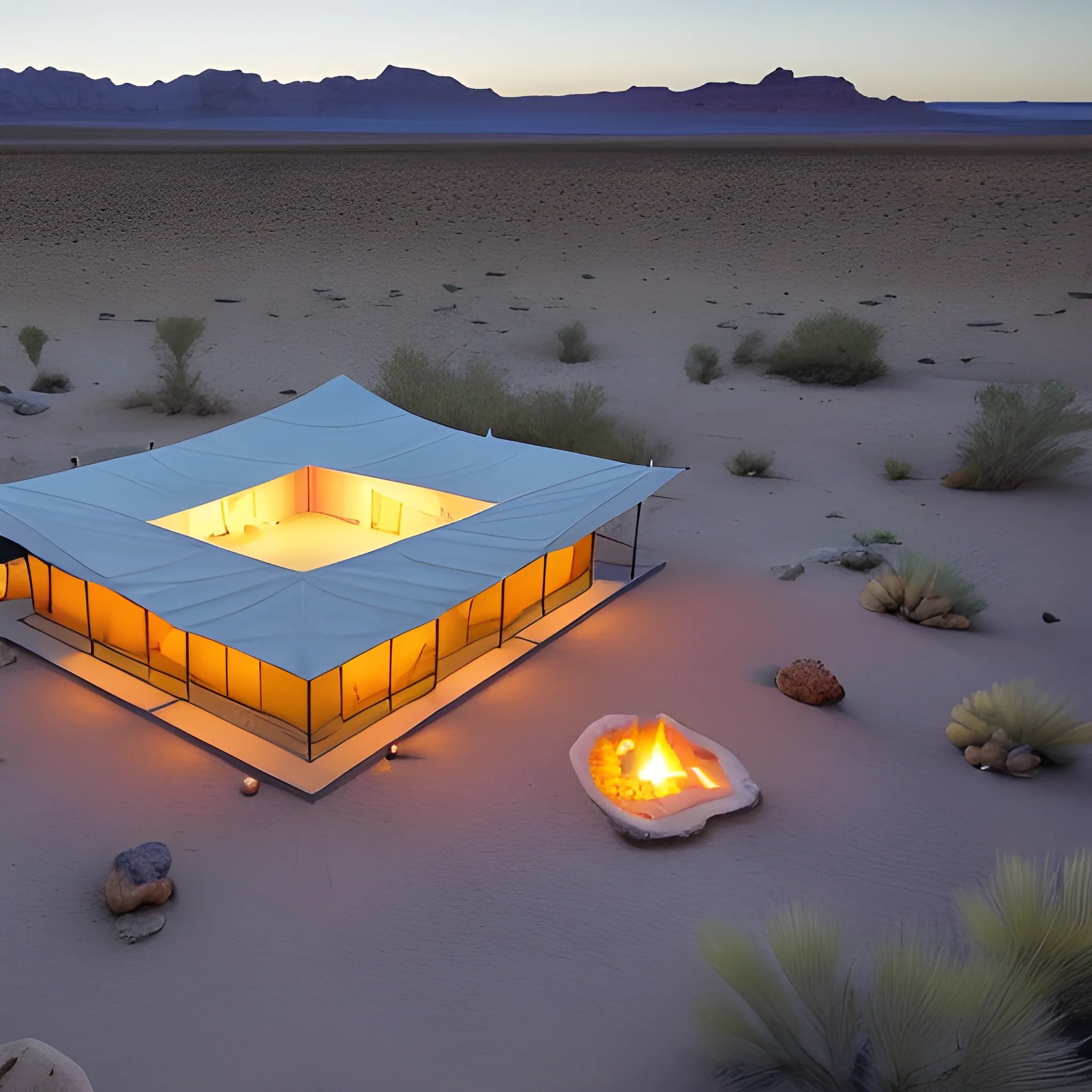 Design a luxury clamping camp in the Agafay Desert. The camp should include five spacious, square-shaped tents, each designed as a private luxury lodge, with modern interiors and desert-inspired decor. A large, elegant restaurant is the central feature, with a wide terrace offering panoramic desert views. Next to the restaurant is a stylish show space for events and entertainment. Near the lodges, there is a water pool with natural rock surroundings and comfortable lounging areas. The camp includes a sleek kitchen structure, blending with the desert landscape, while maintaining a modern, high-end aesthetic, 3D