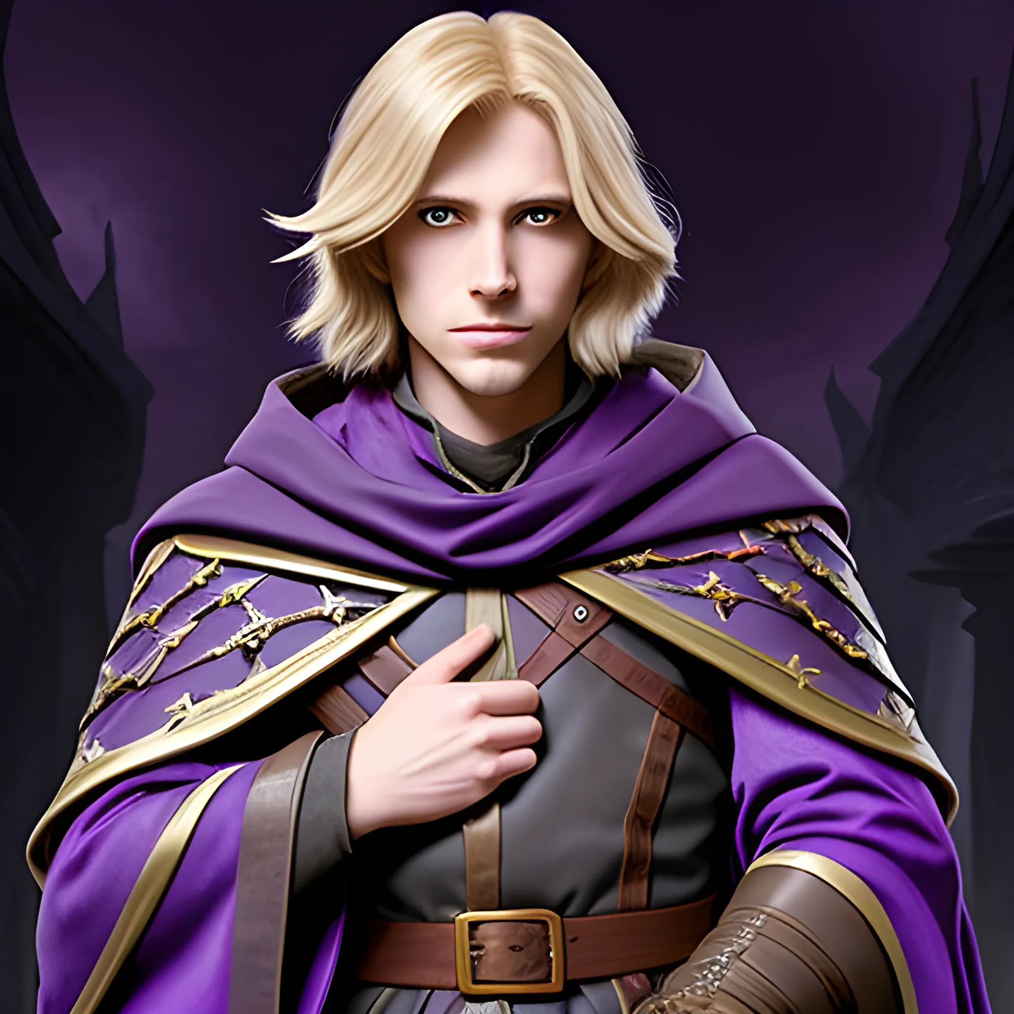 A dark-blonde haired DND Wizard with a purple cloak