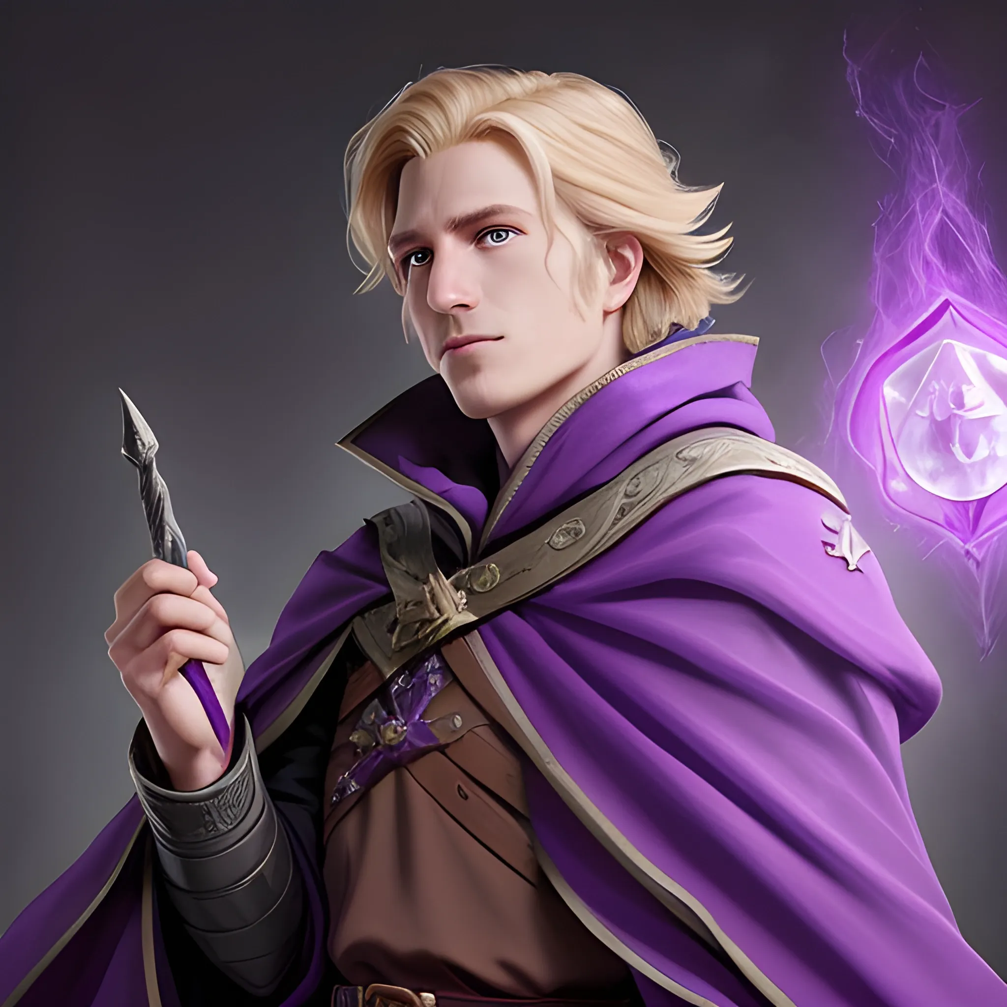 A dark-blonde haired DND Wizard with a purple cloak, hands out of frame