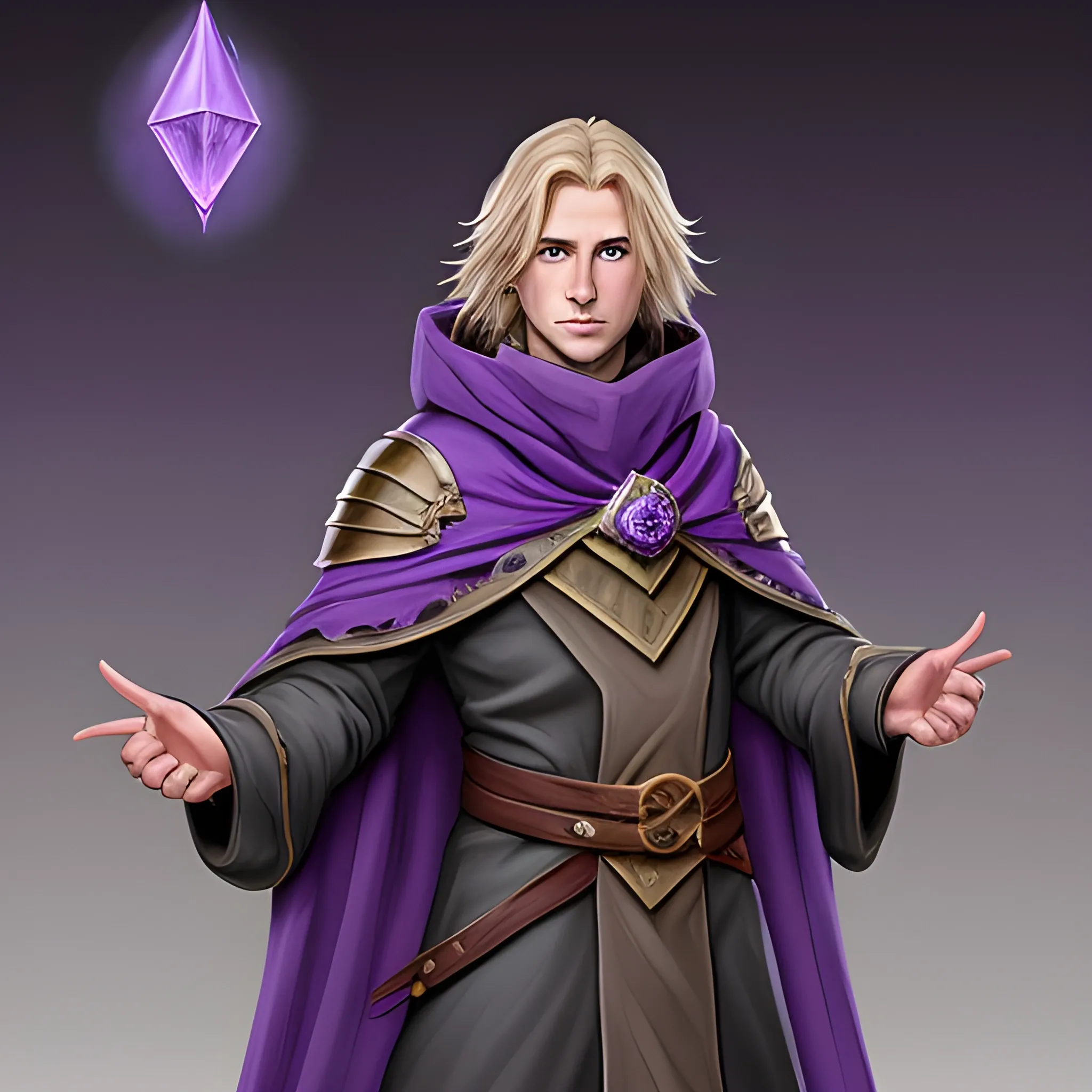 A dark-blonde haired DND Wizard with a purple cloak