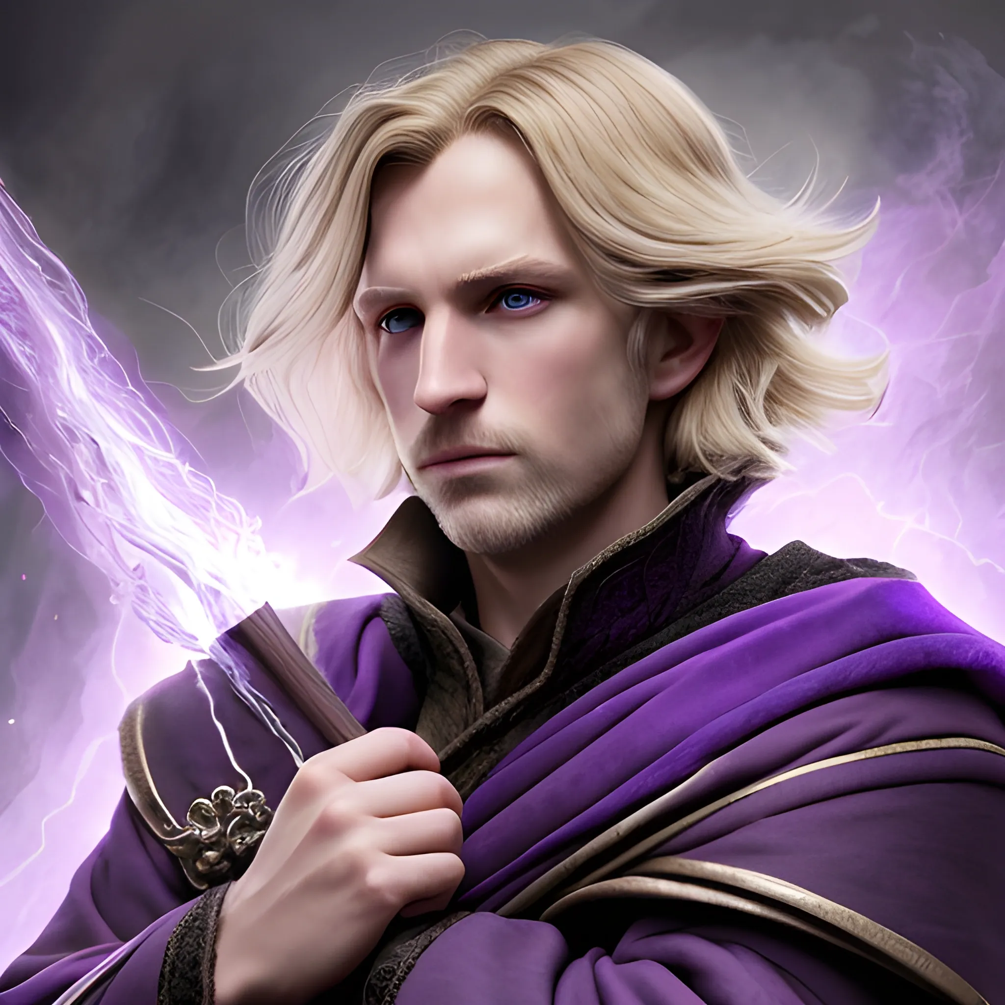 A high definition image of a dark-blonde haired DND Wizard with purple robes