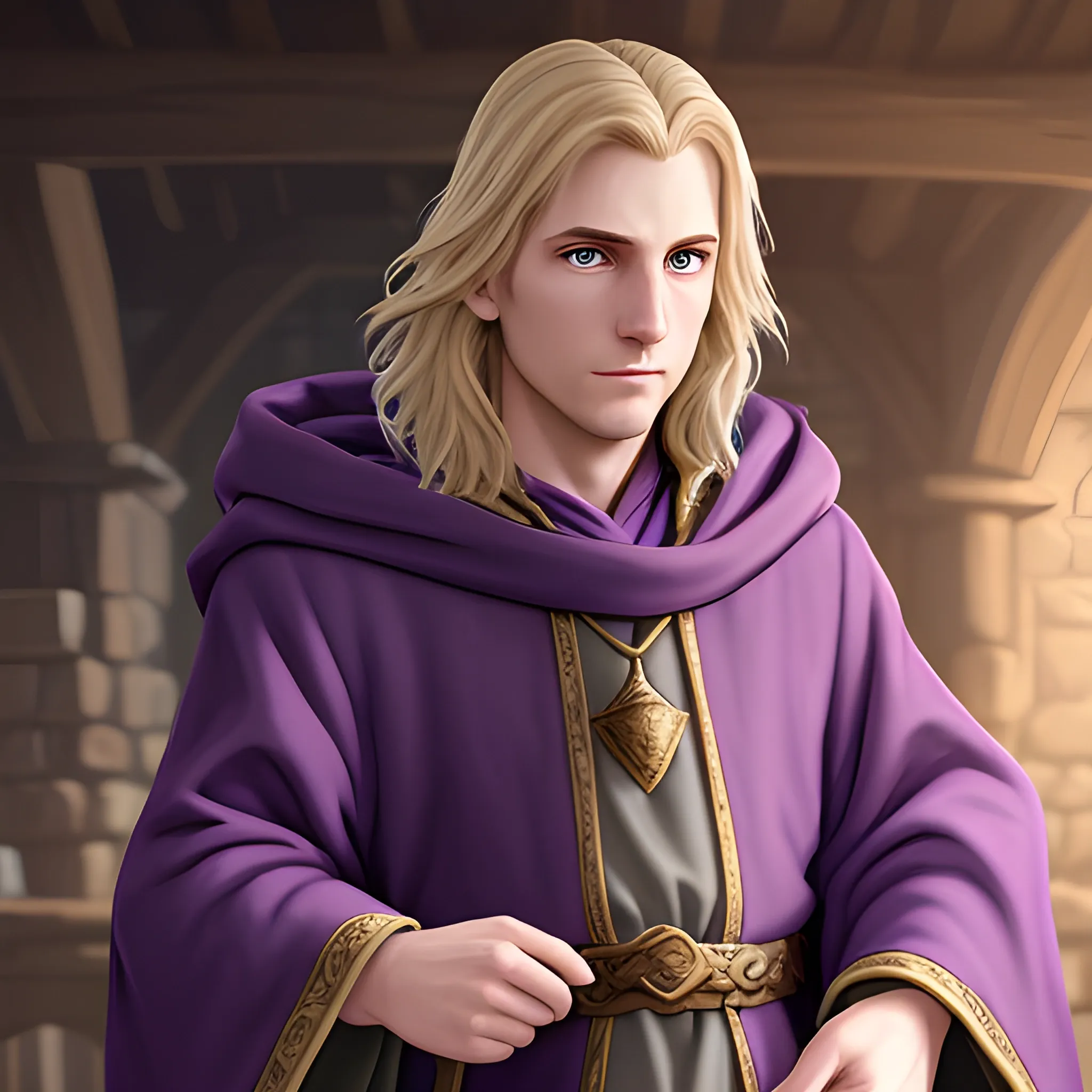 a dark-blonde haired novice DND wizard with purple robes