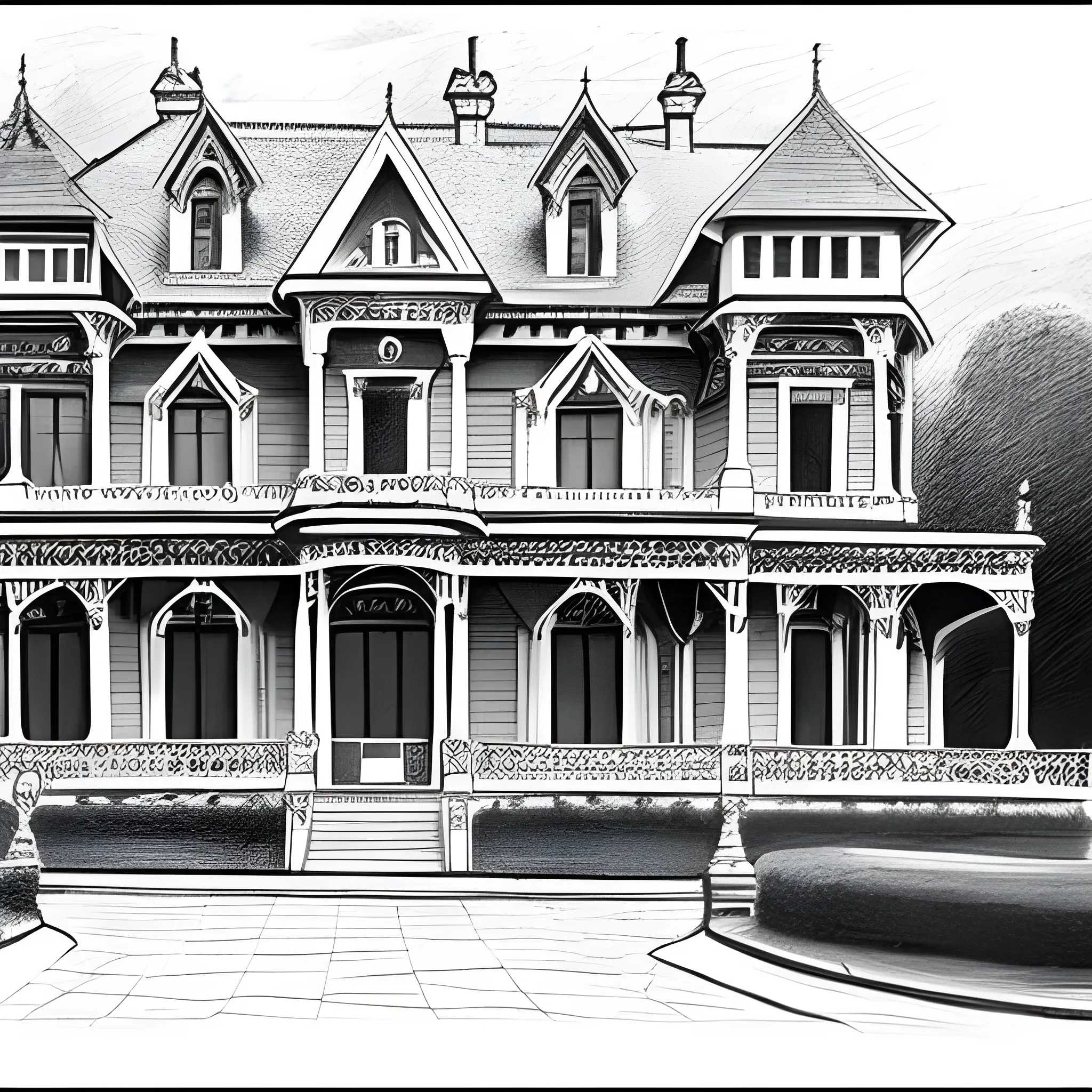 a woman standing infront of a victorian mansion in victorian era, Pencil Sketch,