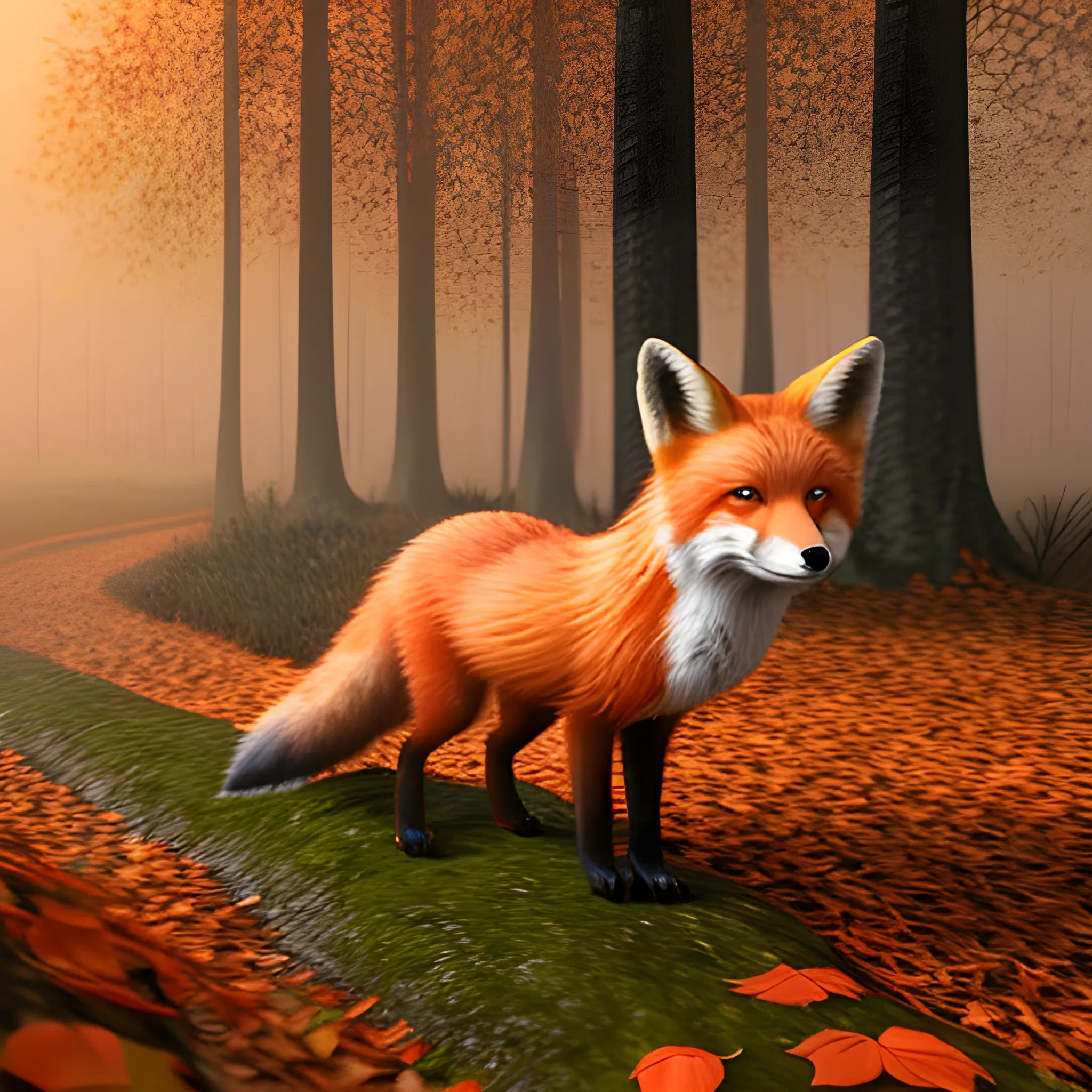 A curious red fox exploring a misty autumn forest at dawn, 3D