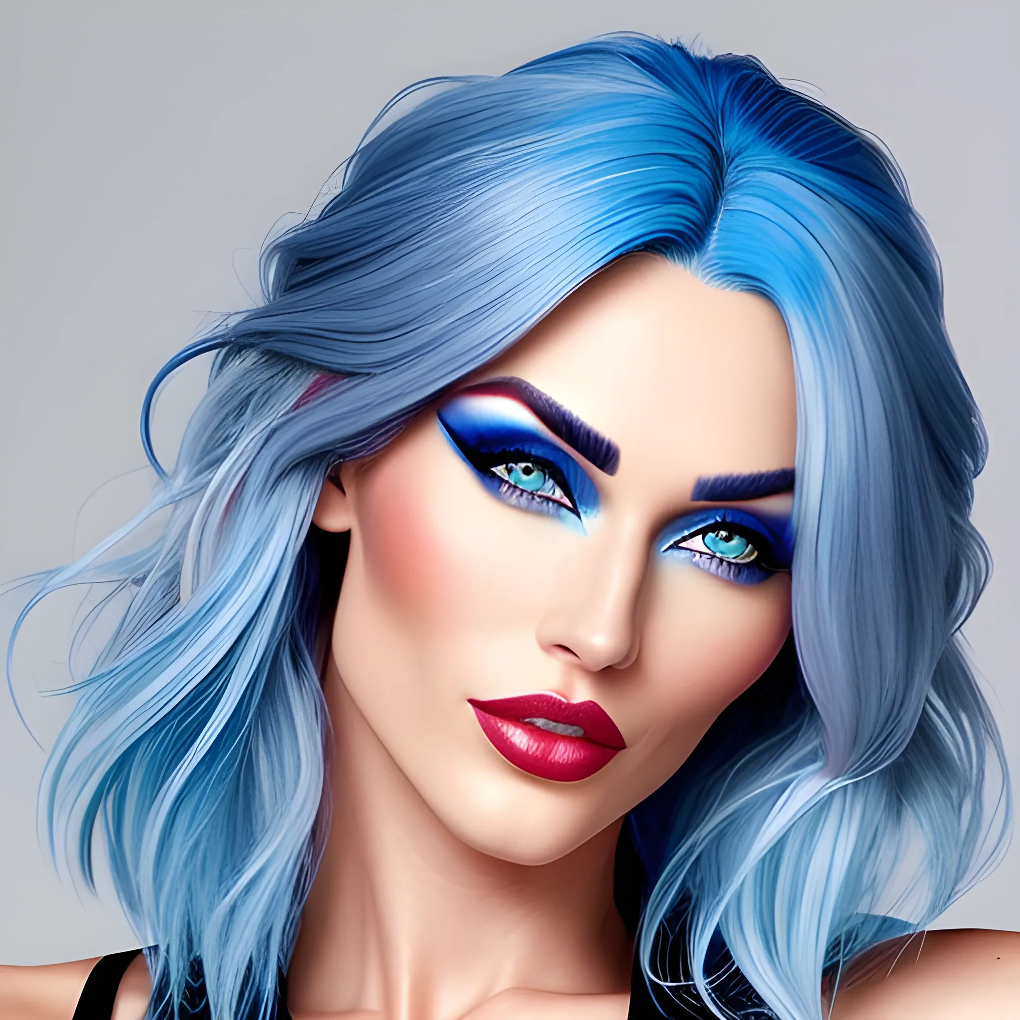 beautiful supermodel teen with blue hair, hair with some highlights, ruby eyes