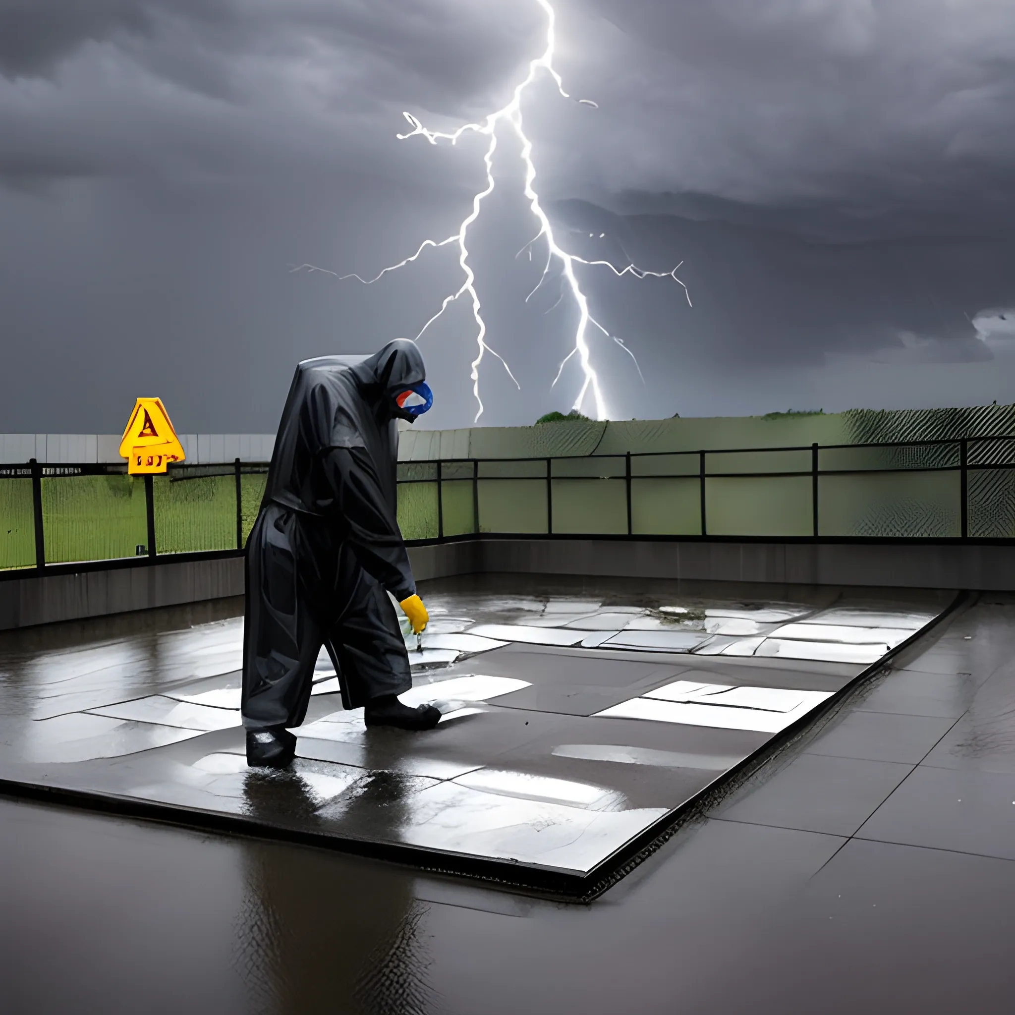 A worker waterproofs a slab with Fester brand waterproofing while a torrential rain filled with lightning is about to come, Trippy