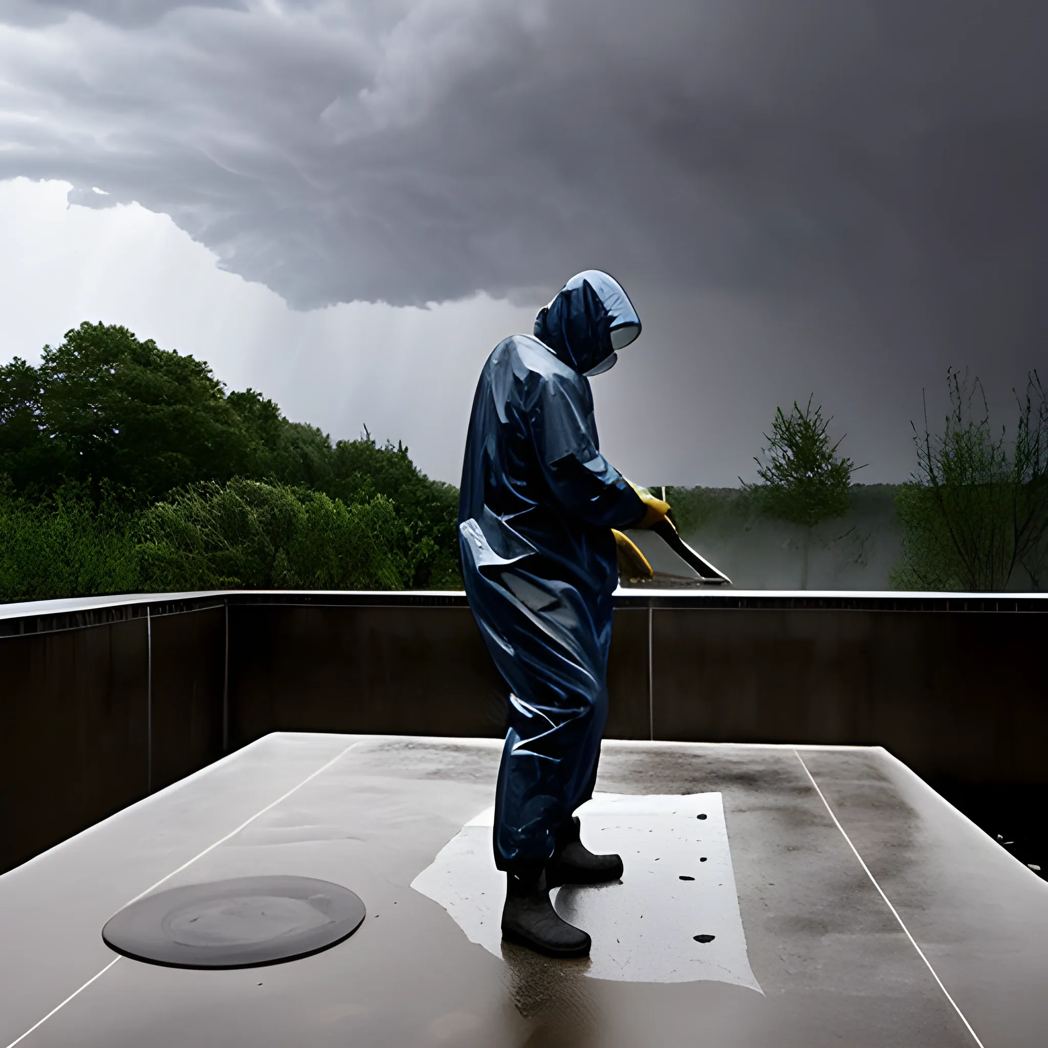 A worker waterproofs a slab with Fester brand waterproofing while a torrential rain filled with lightning is about to come, Trippy