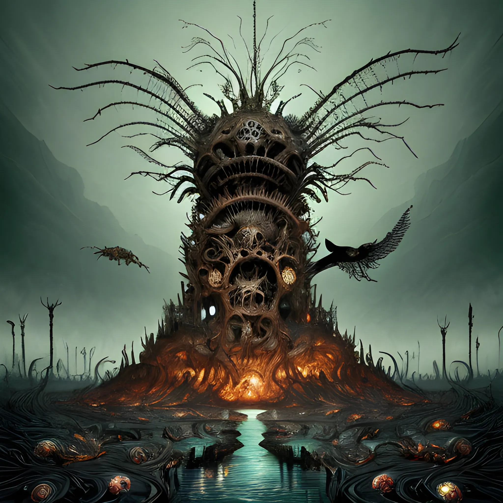 A chaotic, surreal landscape inspired by Dante’s Inferno and Hieronymus Bosch, filled with distorted animals, strange humanoid figures, and bizarre objects, all in random, vibrant colors. The scene depicts a twisted version of an underworld, where giant fish with human faces swim through rivers of fire, and winged creatures with skeletal bodies fly through a dark, smoky sky. In the background, towering structures made of bones and twisted metal loom over a barren wasteland filled with writhing human figures. Scattered objects like floating clocks, melting furniture, and oversized insects appear amidst the chaos. The lighting casts eerie, flickering shadows, giving the scene a nightmarish yet hyper-realistic quality, with intricate textures and disturbing yet fascinating details