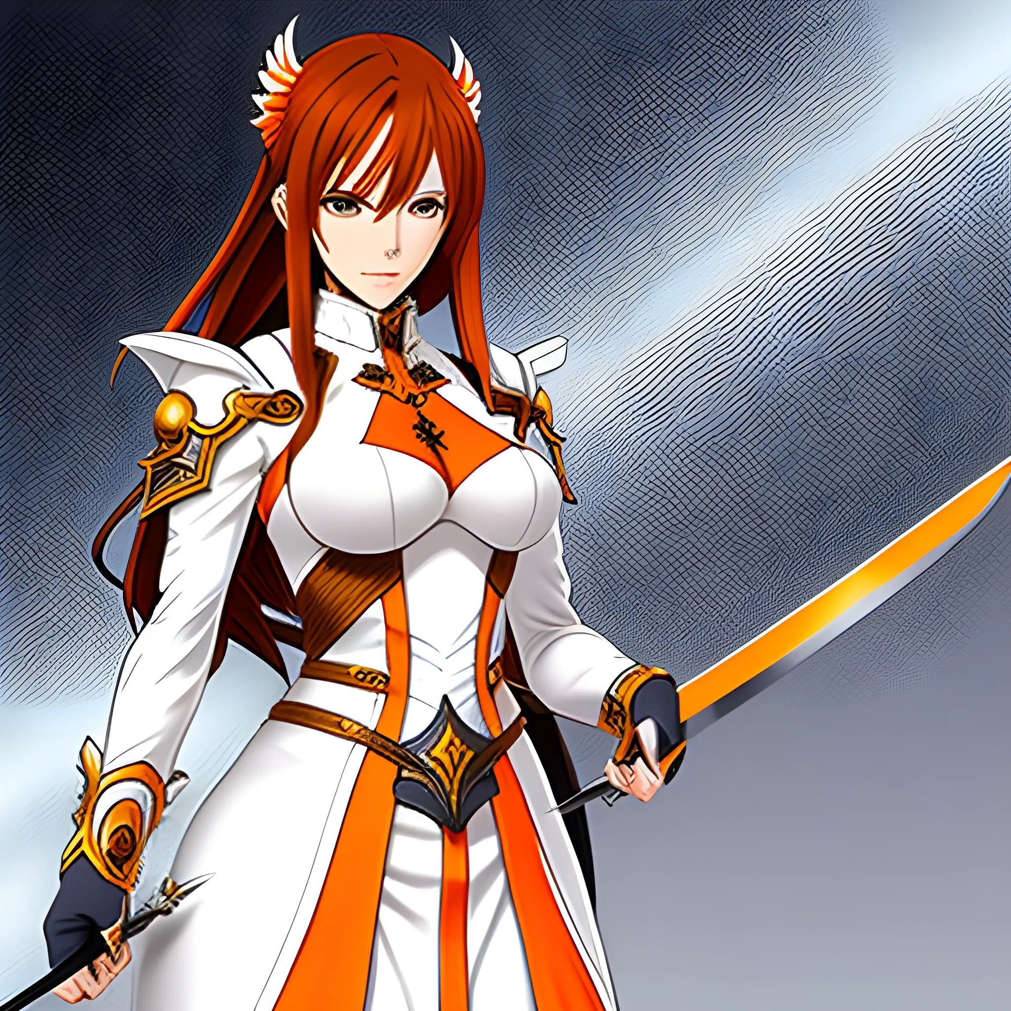 
anime girl holding two swords and wearing a white and orange outfit with brown hair, female lead character, jrpg character art, 