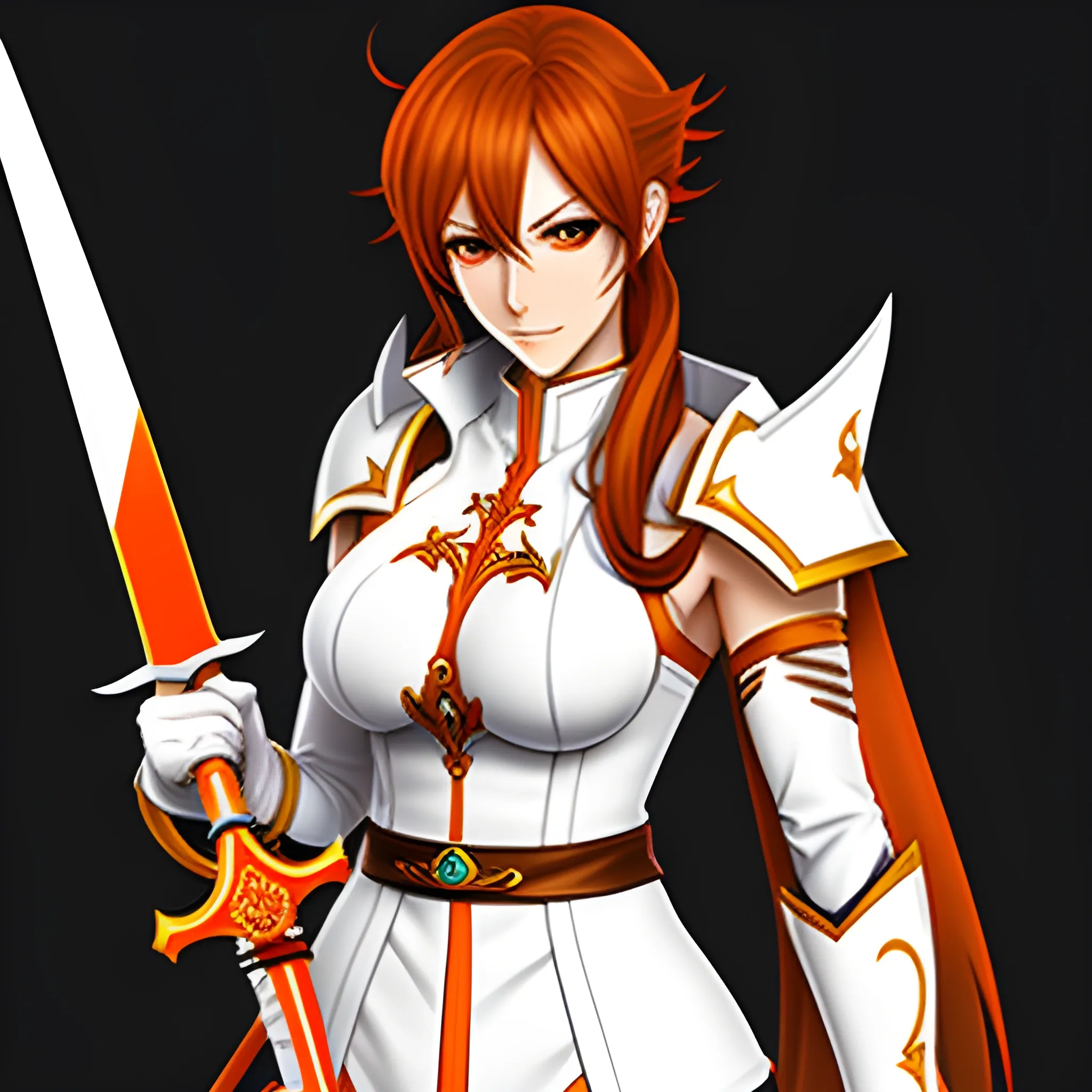 
anime girl holding two swords and wearing a white and orange outfit with brown hair, female lead character, jrpg character art, 