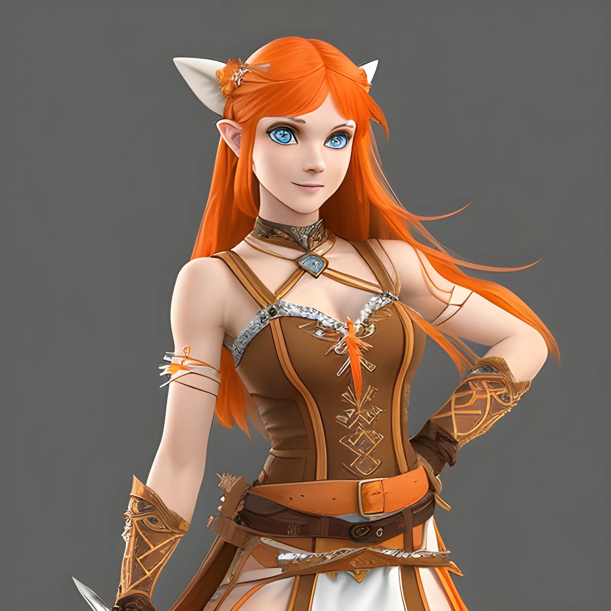 
A female fantasy character with long, flowing light brown hair and pointed ears stands confidently, holding dual short swords. She wears an intricate outfit featuring a sleeveless dress with orange and white tones, complemented by a brown belt and red thigh-high boots. Her expressive blue eyes and playful smile contribute to her adventurous appearance, embodying a blend of elegance and combat readiness.