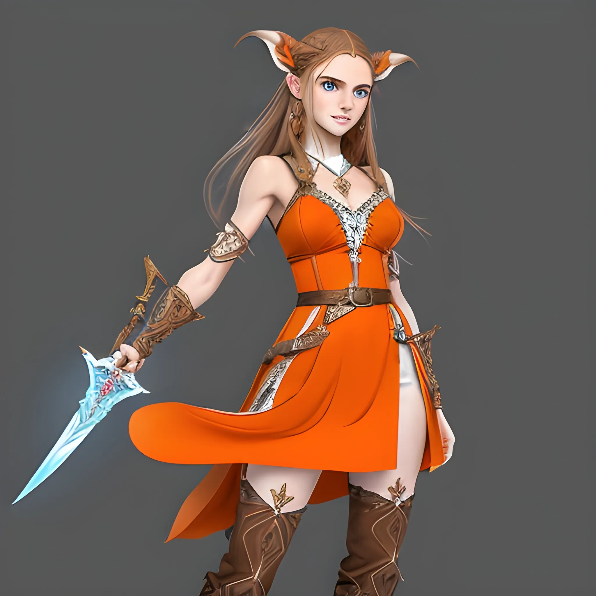 
A female fantasy character with long, flowing light brown hair and pointed ears stands confidently, holding dual short swords. She wears an intricate outfit featuring a sleeveless dress with orange and white tones, complemented by a brown belt and red thigh-high boots. Her expressive blue eyes and playful smile contribute to her adventurous appearance, embodying a blend of elegance and combat readiness., Cartoon