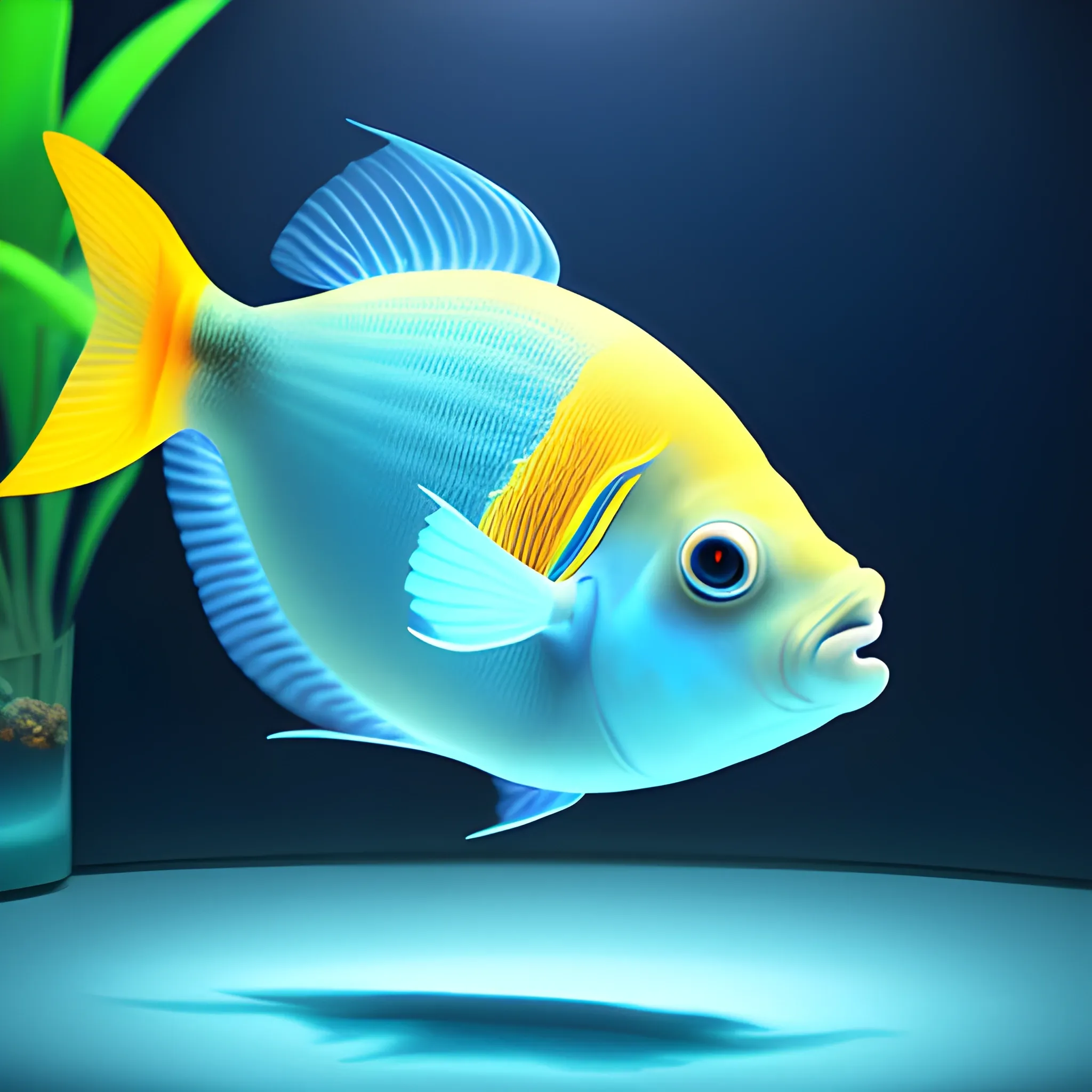 render of a cute tropical fish in an aquarium on a dark blue background, digital art
, 3D