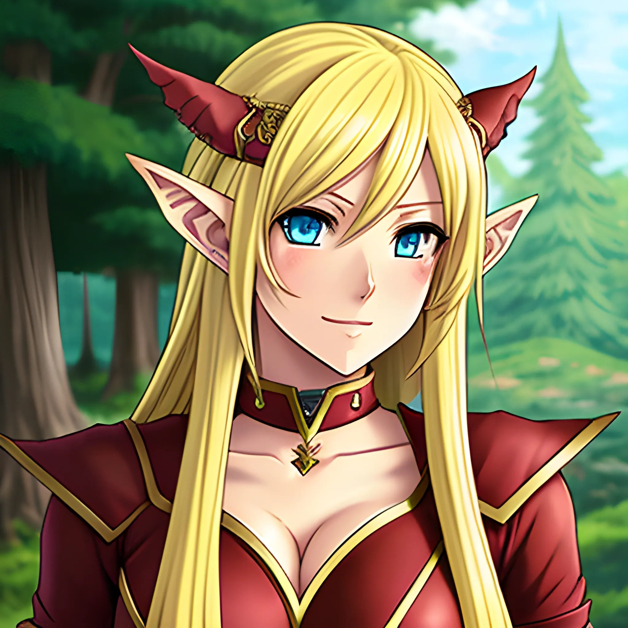 an anime character with blue eyes and blonde hair wearing a red dress and holding a, ragnarok online, visual novel sprite, cute anime girl portrait, cute anime girl portraits, anime in fantasy style, elf girl, elven character with smirk, she has elf ears and gold eyes, rpg character avatar, avatar with a blond hair, made in rpg maker, anime character portrait, detailed portrait of anime girl, extremely cute anime girl face, rpg book portrait, anime fantasy illustration, antasy character, elf long weaving brown hair, symmetrical portrait rpg avatar, pixie, Cartoon