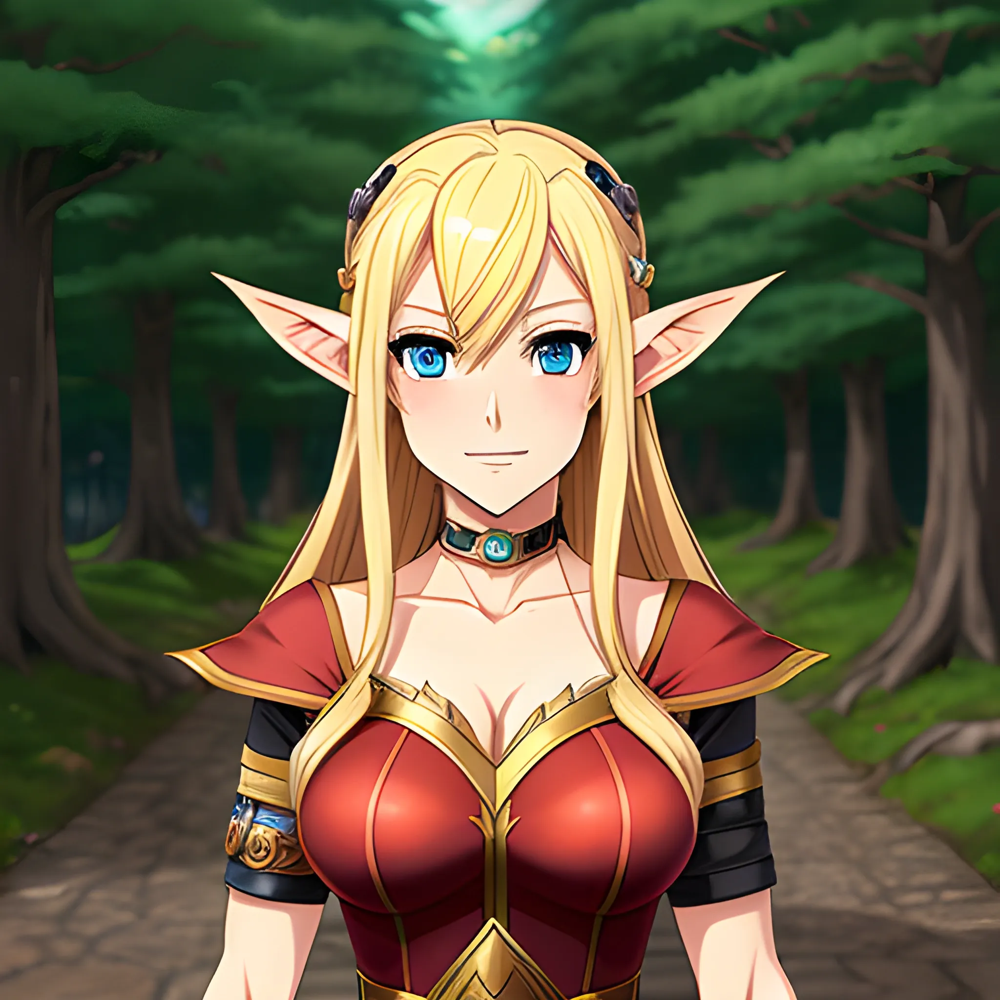 an anime character with blue eyes and blonde hair wearing a red dress and holding a, ragnarok online, visual novel sprite, cute anime girl portrait, cute anime girl portraits, anime in fantasy style, elf girl, elven character with smirk, she has elf ears and gold eyes, rpg character avatar, avatar with a blond hair, made in rpg maker, anime character portrait, detailed portrait of anime girl, extremely cute anime girl face, rpg book portrait, anime fantasy illustration, antasy character, elf long weaving brown hair, symmetrical portrait rpg avatar, pixie, Cartoon