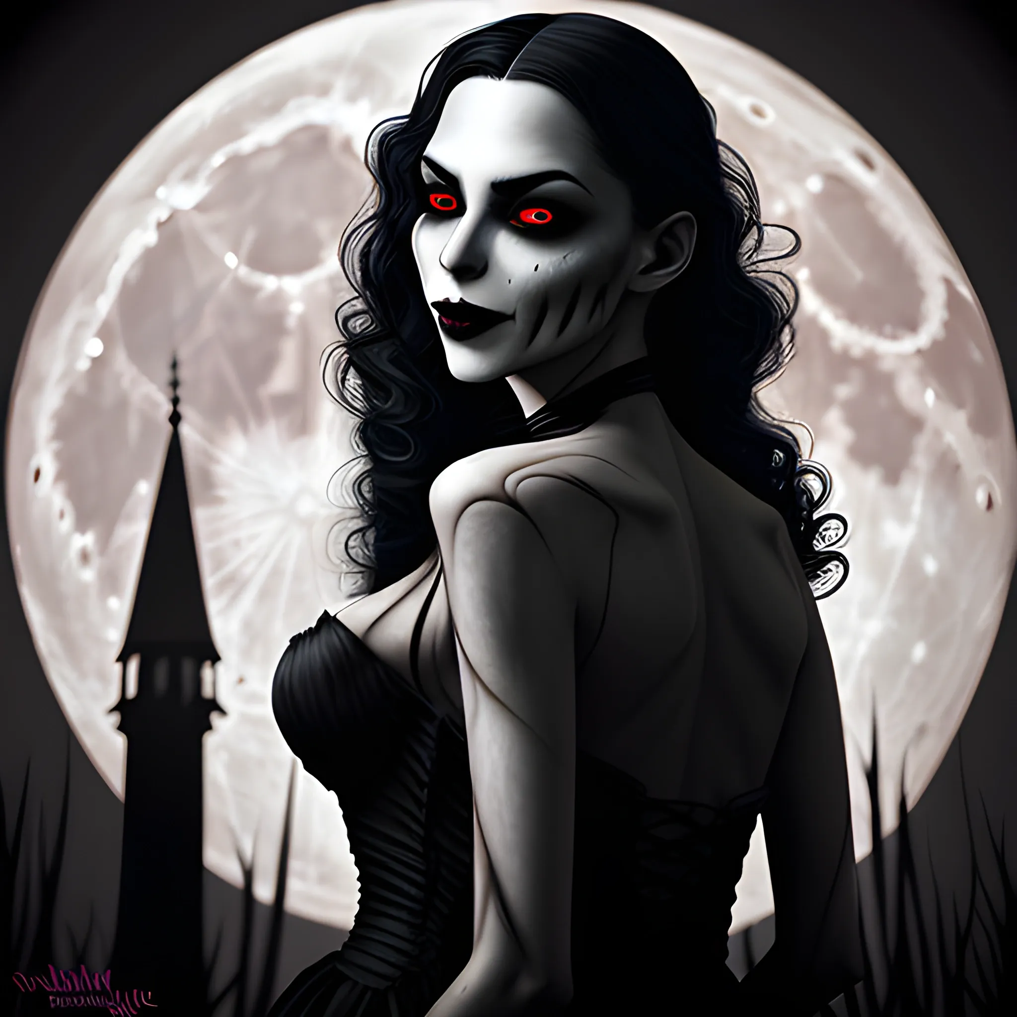 (Beautiful vampire, Tim Burton's style),(full moon),(full - body),(blood on the face),(Dark Fantasy),(ssmile, demonstration of the coolest qualities,4k,hight resolution),(Ultra-detailed),(Realistic:1.37),(HDR),(Side hustle),(physical based rendering),(Extremely detailed eyes and face),(beautiful ass),(stands with his back to the camera),(long eyelashes),(Night with dark tones),(ominous vibe),Appendix to (SINISTER, seductive) Personality. The art style is a combination of (Realistic, Photorealistic) pa (Dark, surreal) Fantasy elements, with (Rich, Vibrants) Color, Evoking feelings of hysteria, intrigue) pa (Danger, excitement). illumination (A thin, dramatic), with (soft, ethereal) moon light, Casting shadows, pa (mysterious, eldritch) Glow on the porcelain skin of a vampire.
