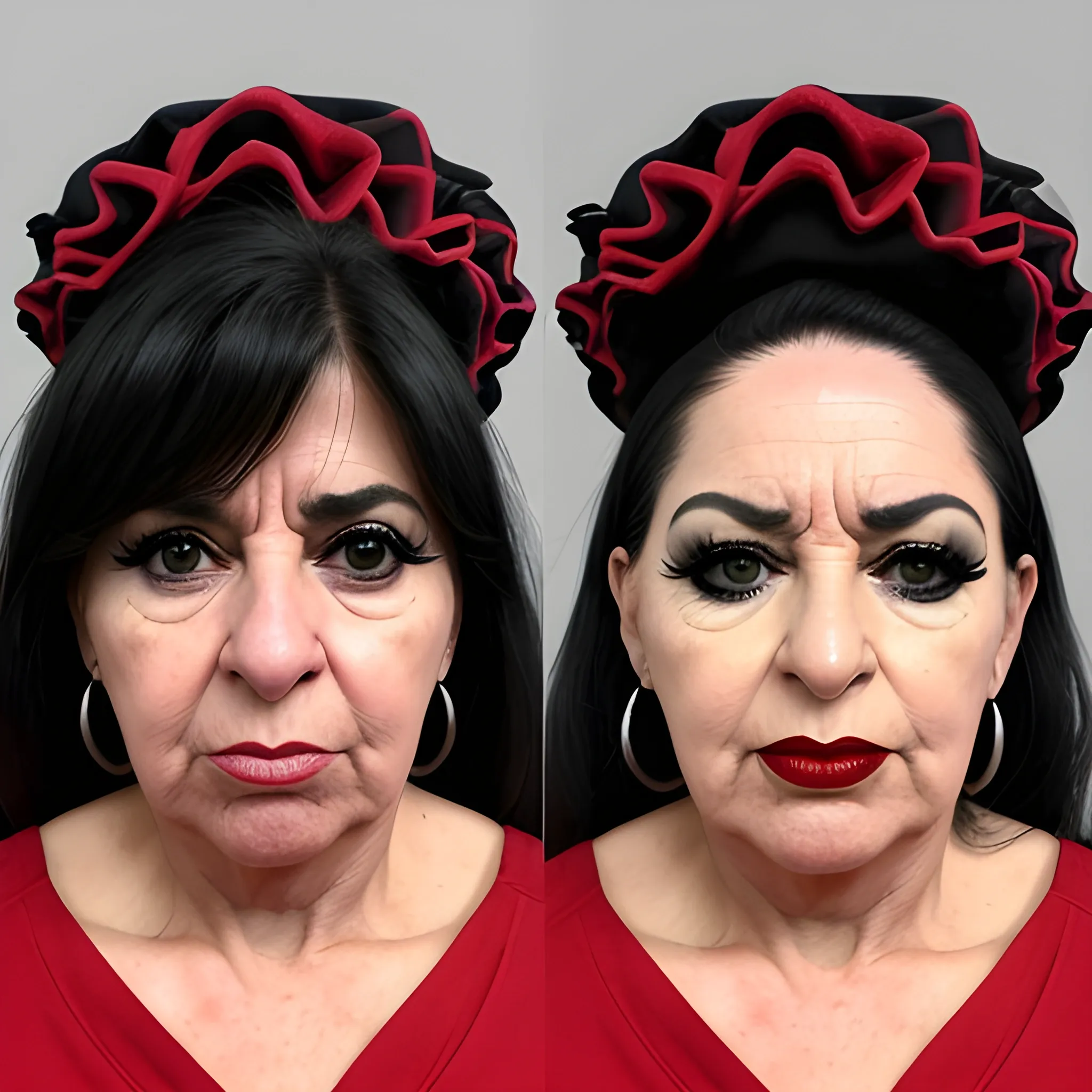 plano general, 
una mujer vestida de cuero negro, labios muy rojos,  falda corta  triangulo de encaje negro,  con ligero de cuero, pelo negro con una coleta larga, de espaldas con la cara de perfil, con una mascara y un látigo, zapatos altos negros con suela roja que se vea sobretodo la suela roja