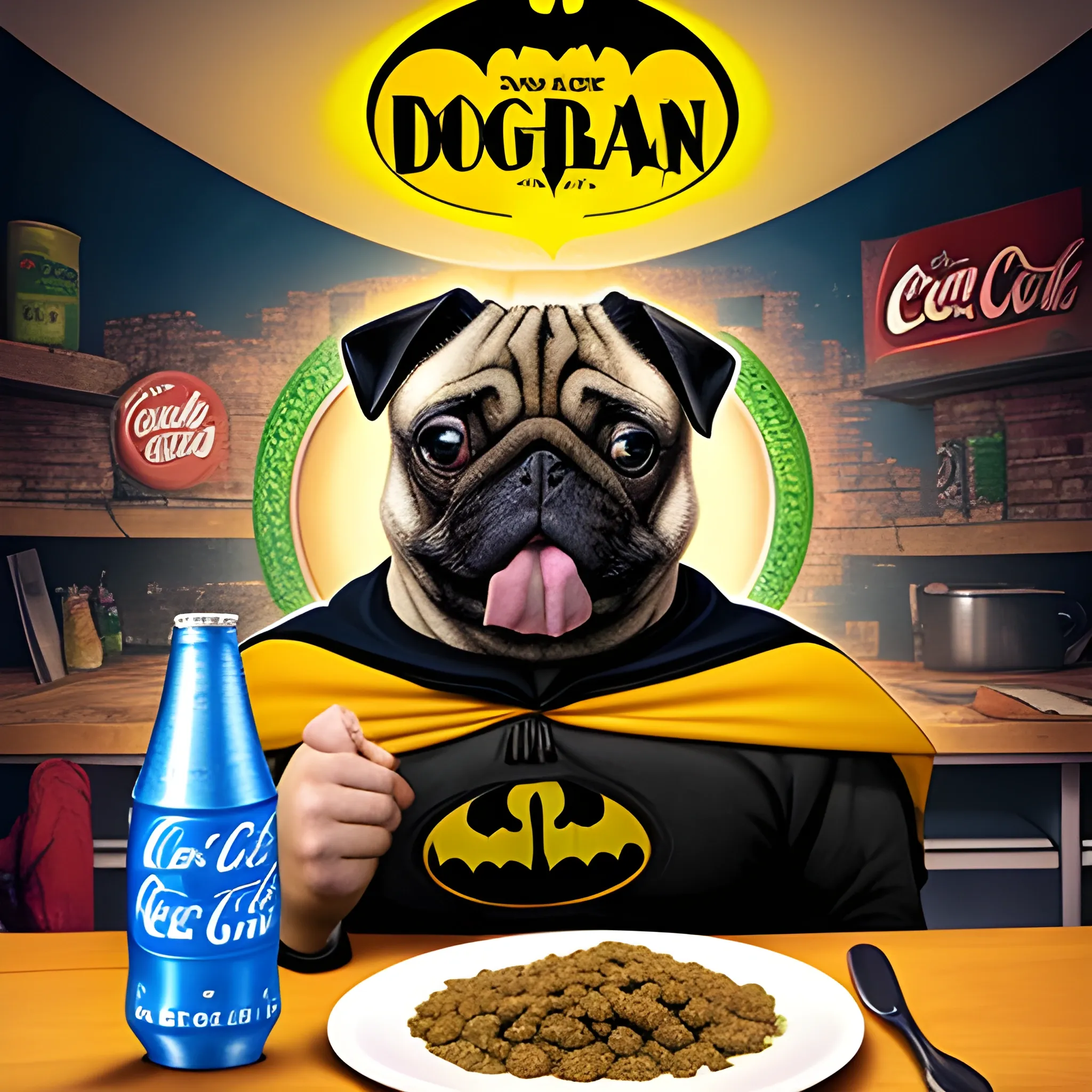 Create a pug that looks at his plate with disgust, kicks his plate of food with kibble, the kibble flies through the air, the stage is a table inside a kitchen and there is a can of Coca-Cola on the table, and there is Batman in the corner looking with a face of astonishment and fear, Trippy