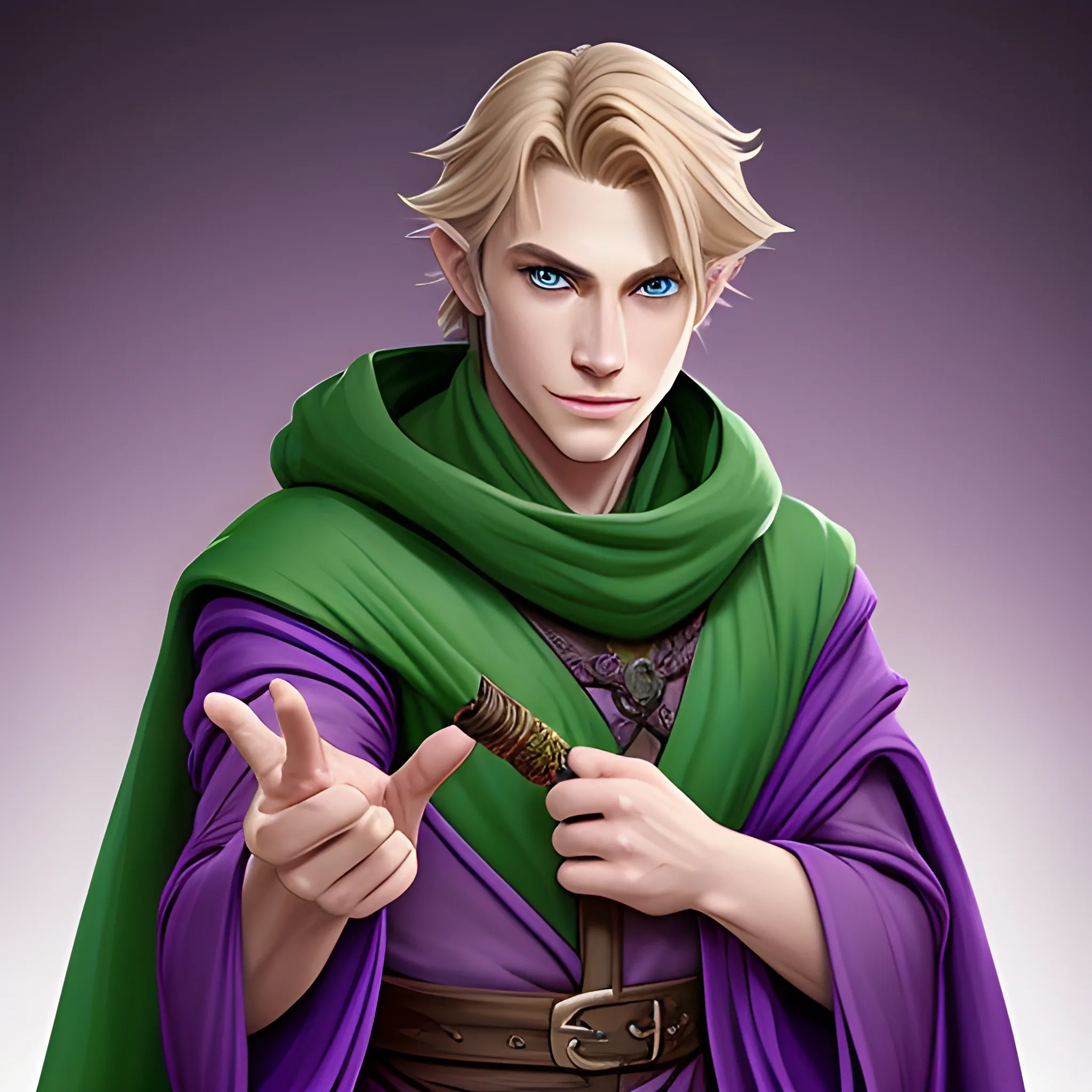 Handsome DND wizard with dark-blonde hair and green eyes wearing a purple cloak