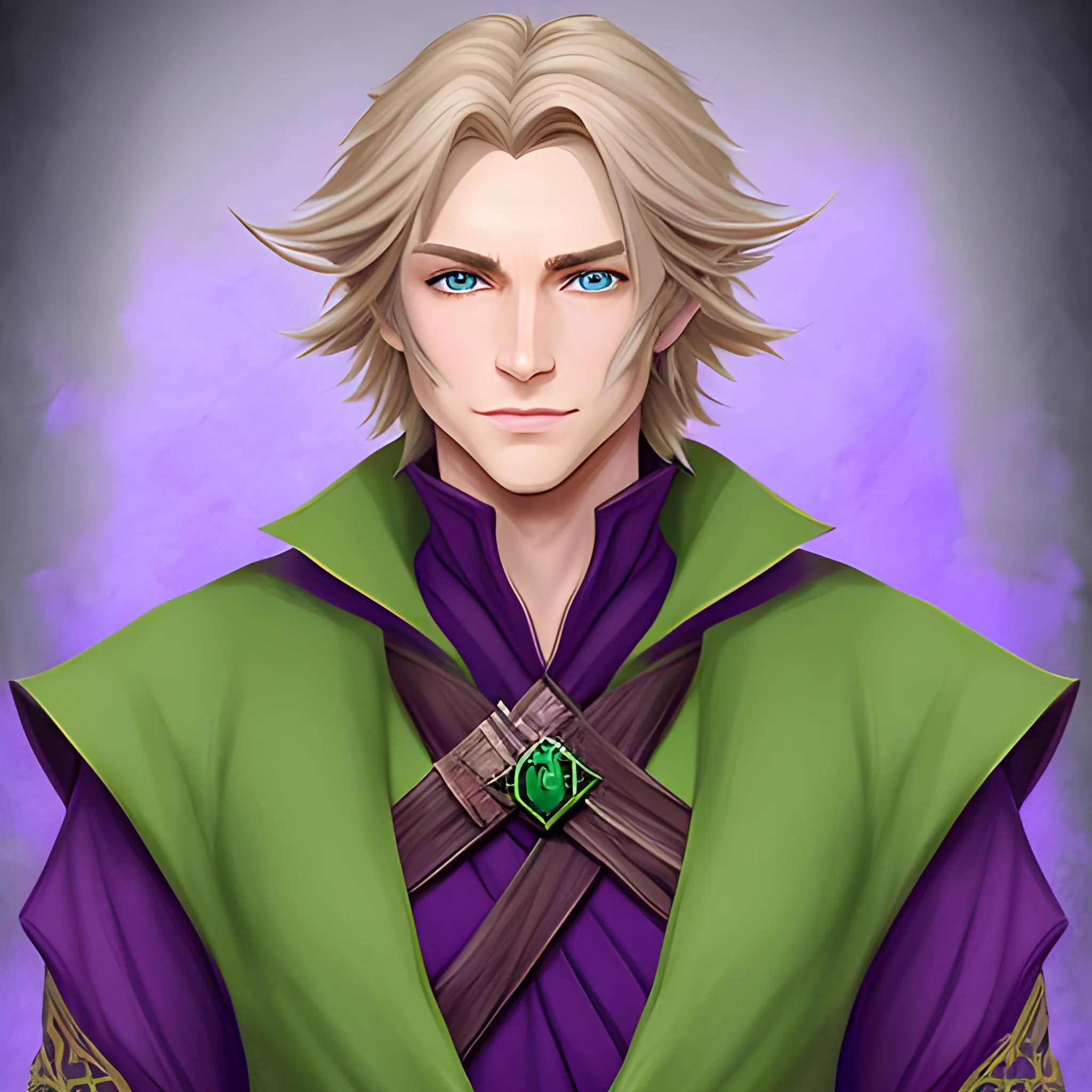 Handsome DND wizard with dark-blonde hair and green eyes wearing purple