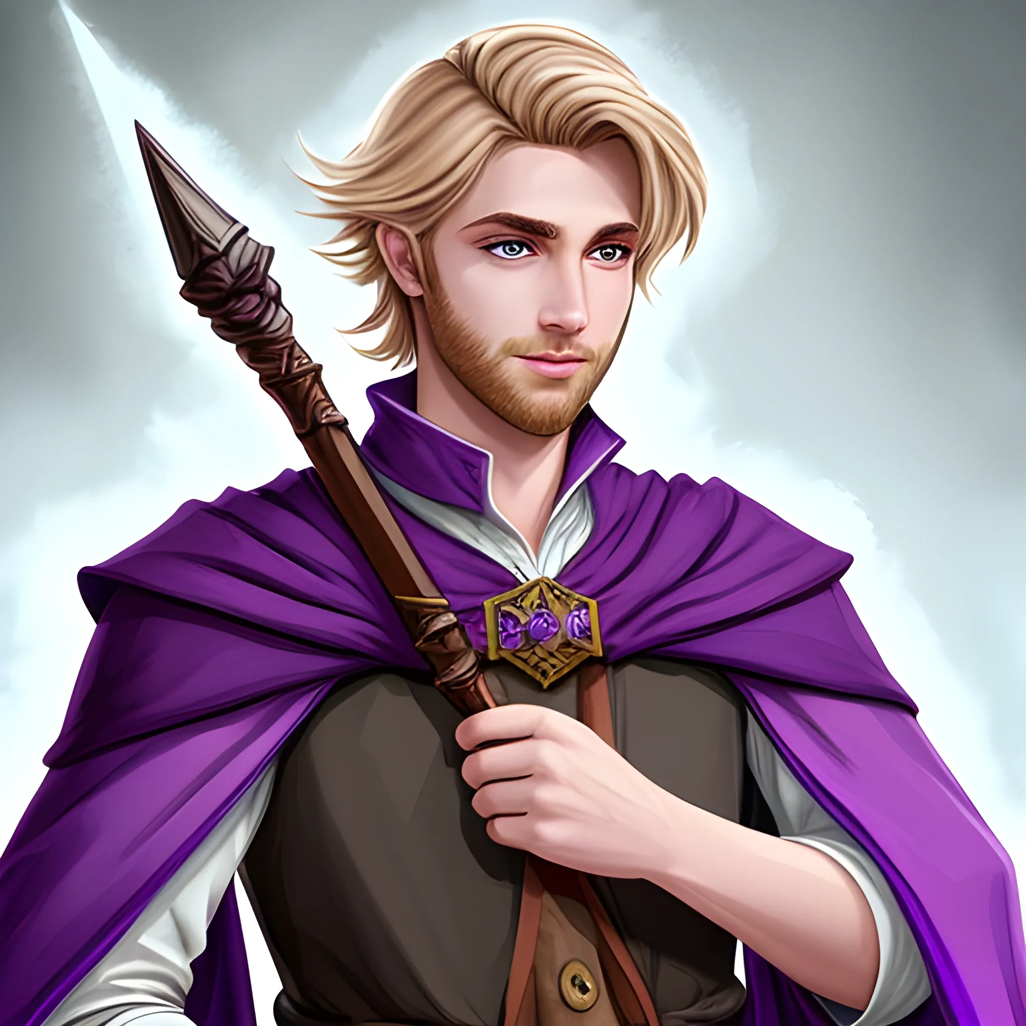 Handsome DND wizard with dark-blonde hair wearing purple