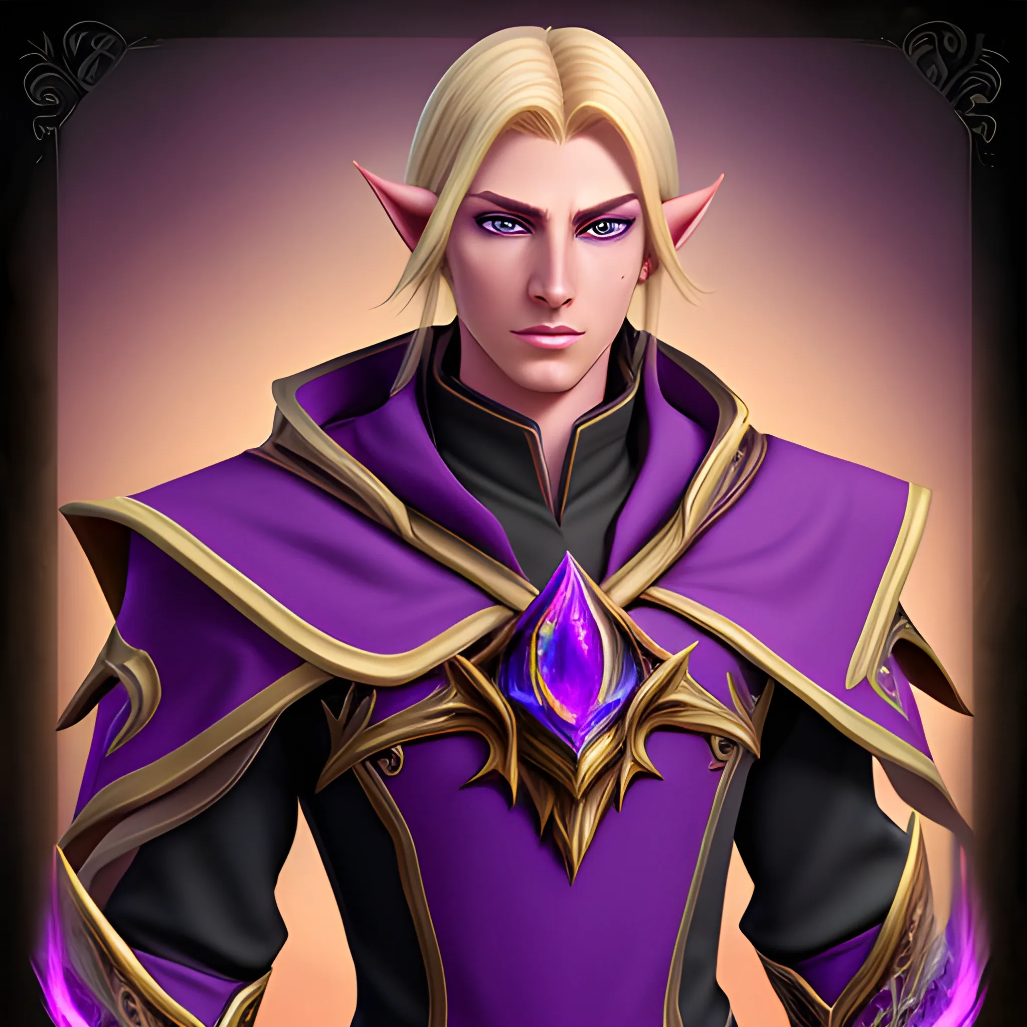 Handsome WoW blood elf arcane mage with dark-blonde hair wearing purple