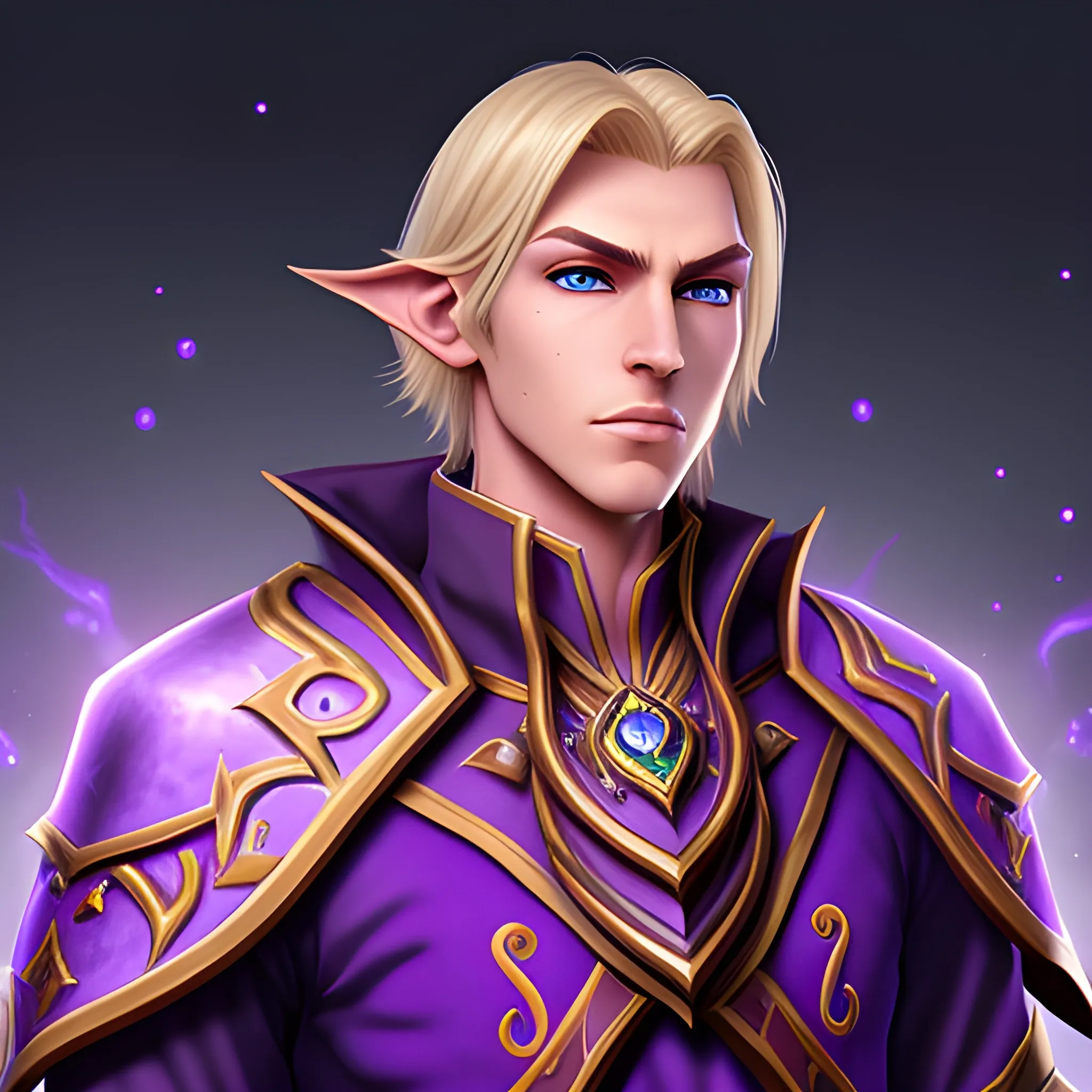 Handsome WoW blood elf arcane mage with dark-blonde hair wearing purple