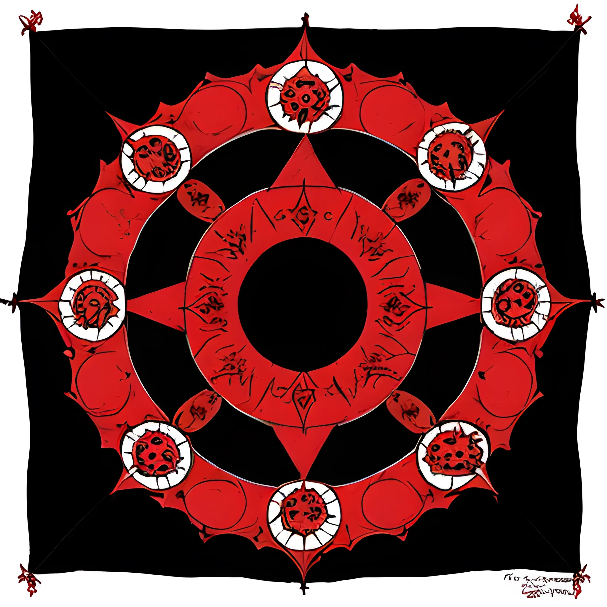 a crimson banner with an eight pointed black sun