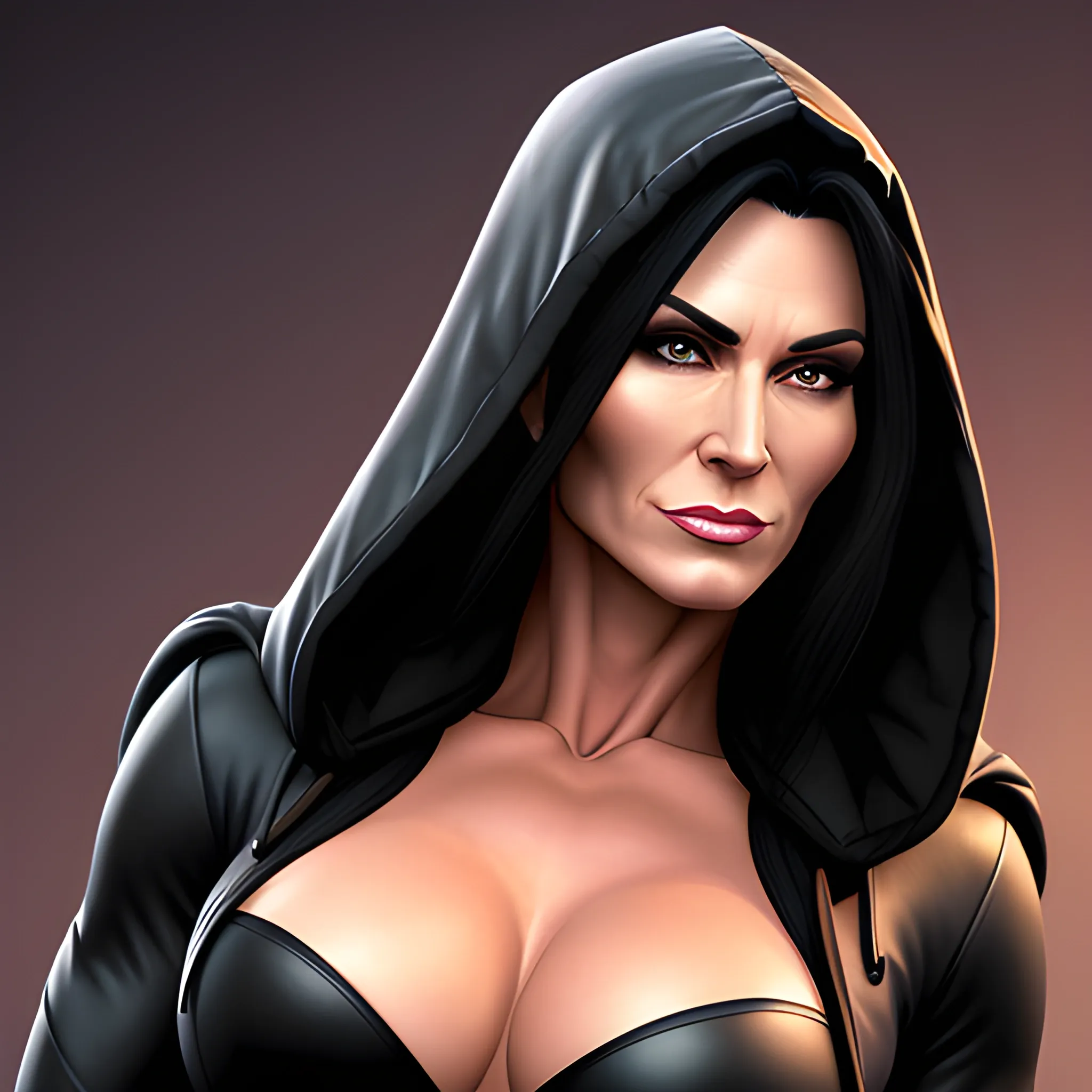 photorealistic image of a muscular young woman with a heart shaped face and long black hair wearing a hooded jacket, Cartoon