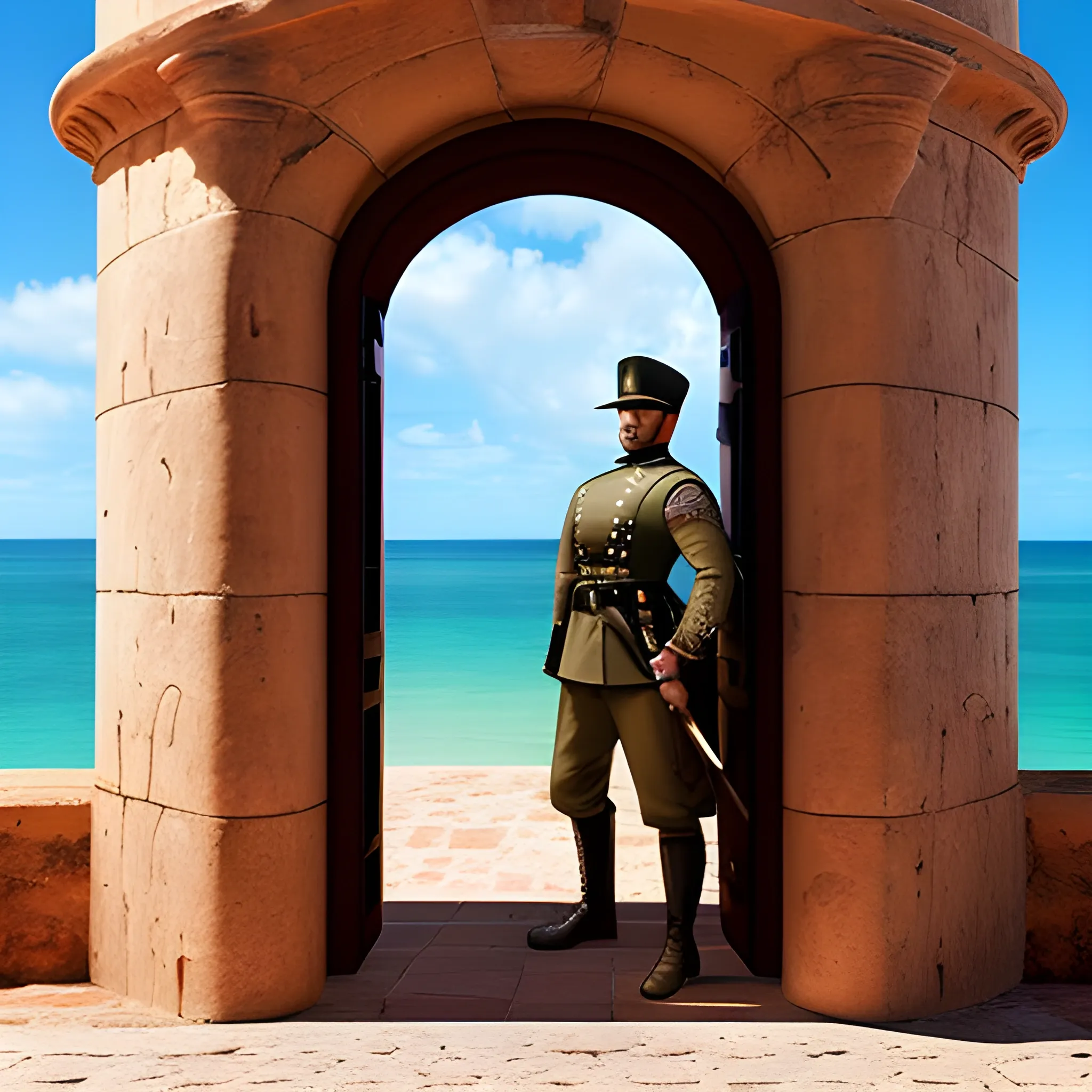 Create a view of san felipe del morro fort san juan puerto rico in the year 1600 ac and put a soldier from that time guarding the door, 3D