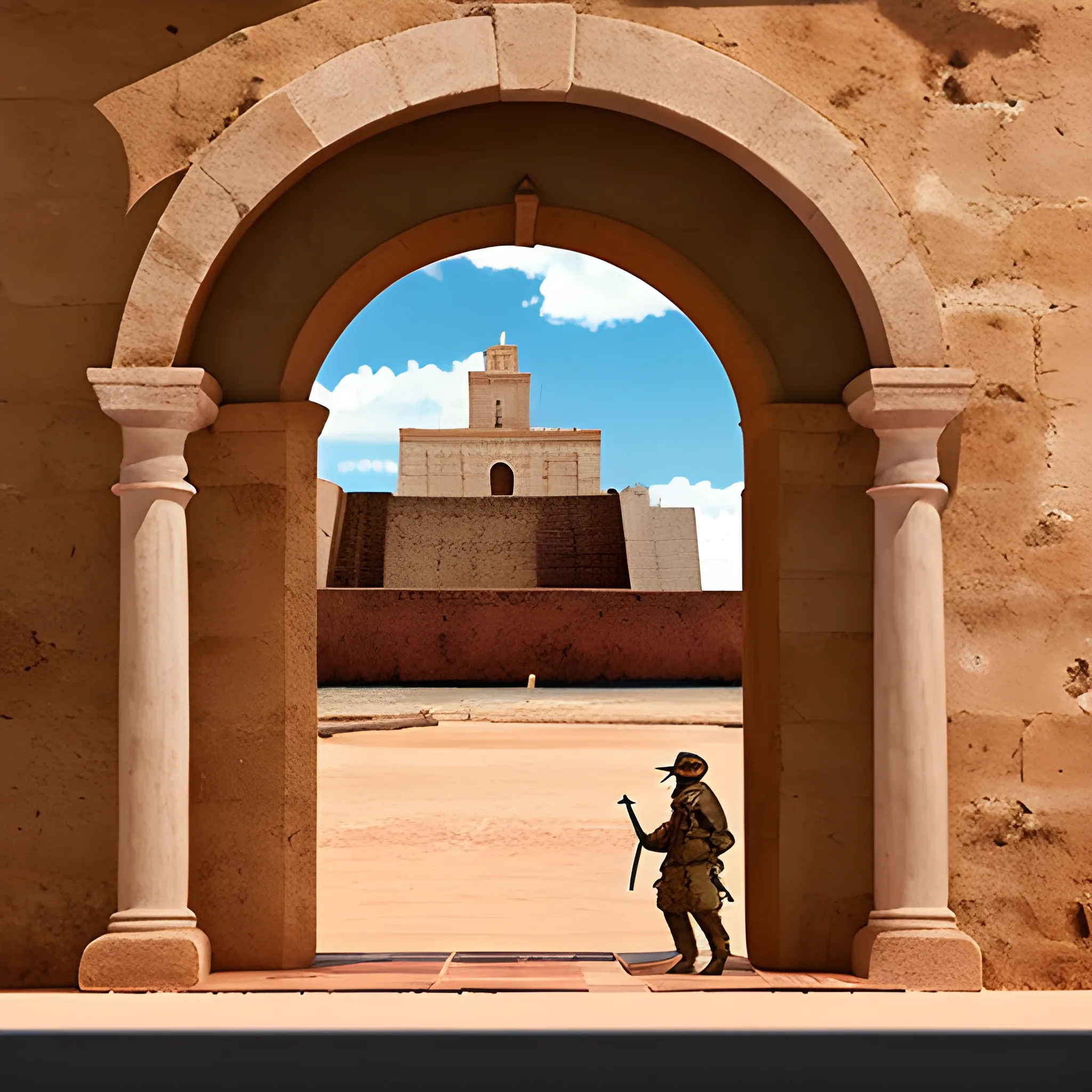 Create a view of san felipe del morro fort san juan puerto rico in the year 1600 ac and put a soldier from spain playing with a dog in front of the door, 3D