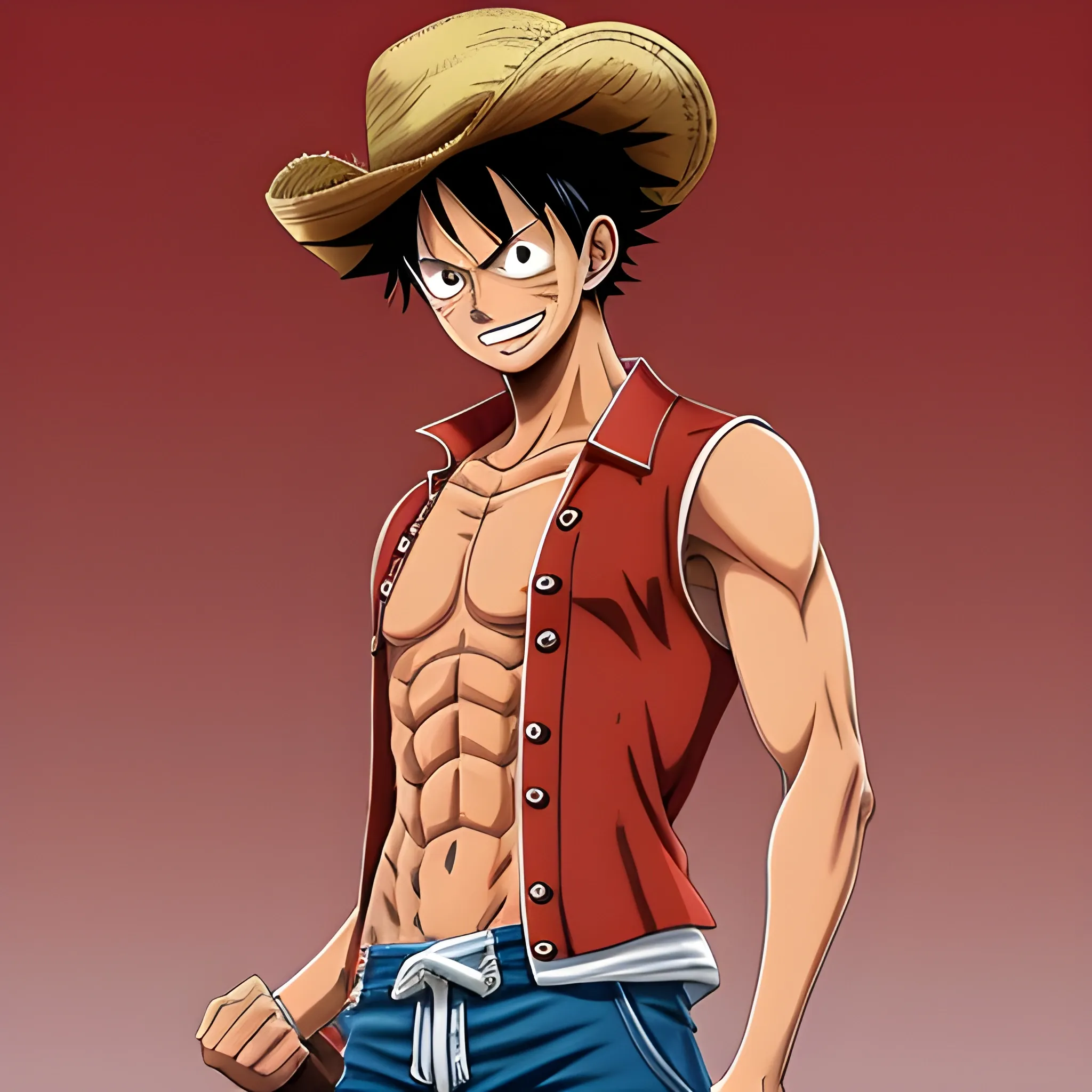 Create a highly realistic depiction of a male character inspired by Luffy from One Piece. The character should have a lean, athletic build and be holding a straw hat in one hand. His expression should be intense and menacing, capturing a powerful and determined look. The scene should have dramatic lighting, enhancing the tension and focus on the character's face, with a slight breeze making his hair and clothes move subtly. The character wears a red open vest and blue shorts, evoking a pirate-like aesthetic, but with a more gritty, realistic style.