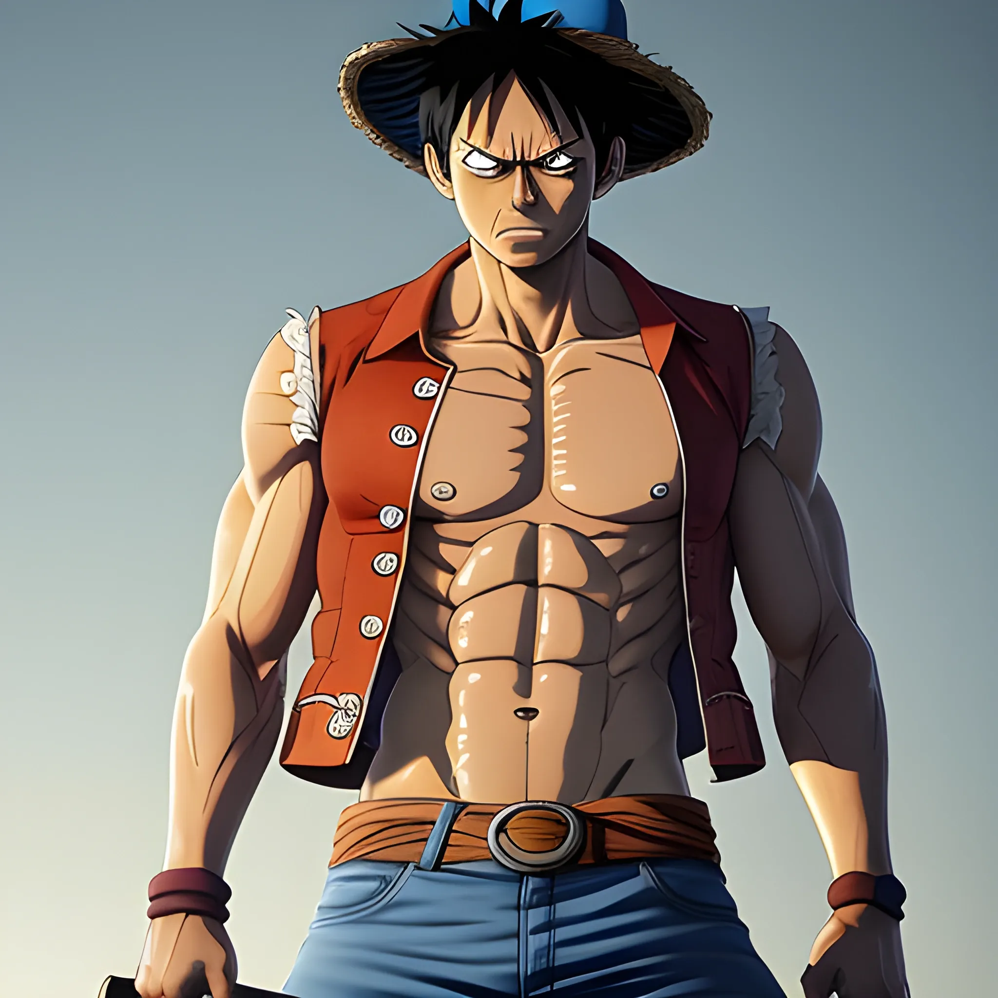 Create an ultra-realistic depiction of a male character inspired by Luffy from One Piece, with a lean, muscular build. He should be holding a straw hat in one hand, with an intense and menacing expression on his face. His chest must prominently feature a large X-shaped scar. The character should wear a red open vest and blue shorts, with realistic textures on his skin, clothes, and scar. The lighting should be dramatic, with shadows and highlights emphasizing his expression and the scar. The background should be dynamic yet subtle, enhancing the character's presence without overwhelming the scene, making it suitable for a wallpaper.