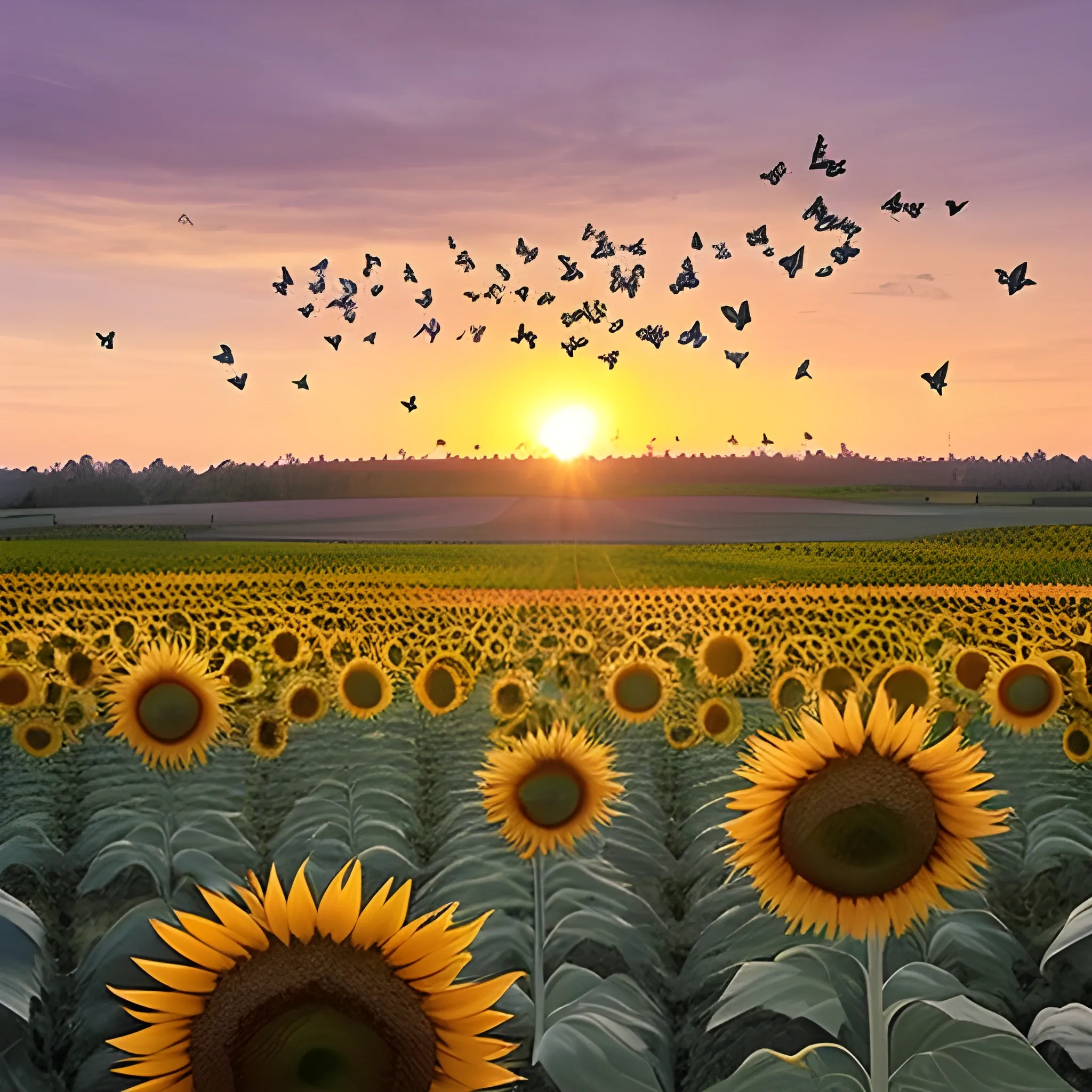 Un campo de girasoles en un atardecer morado lleno de mariposas blancas volando, 3D