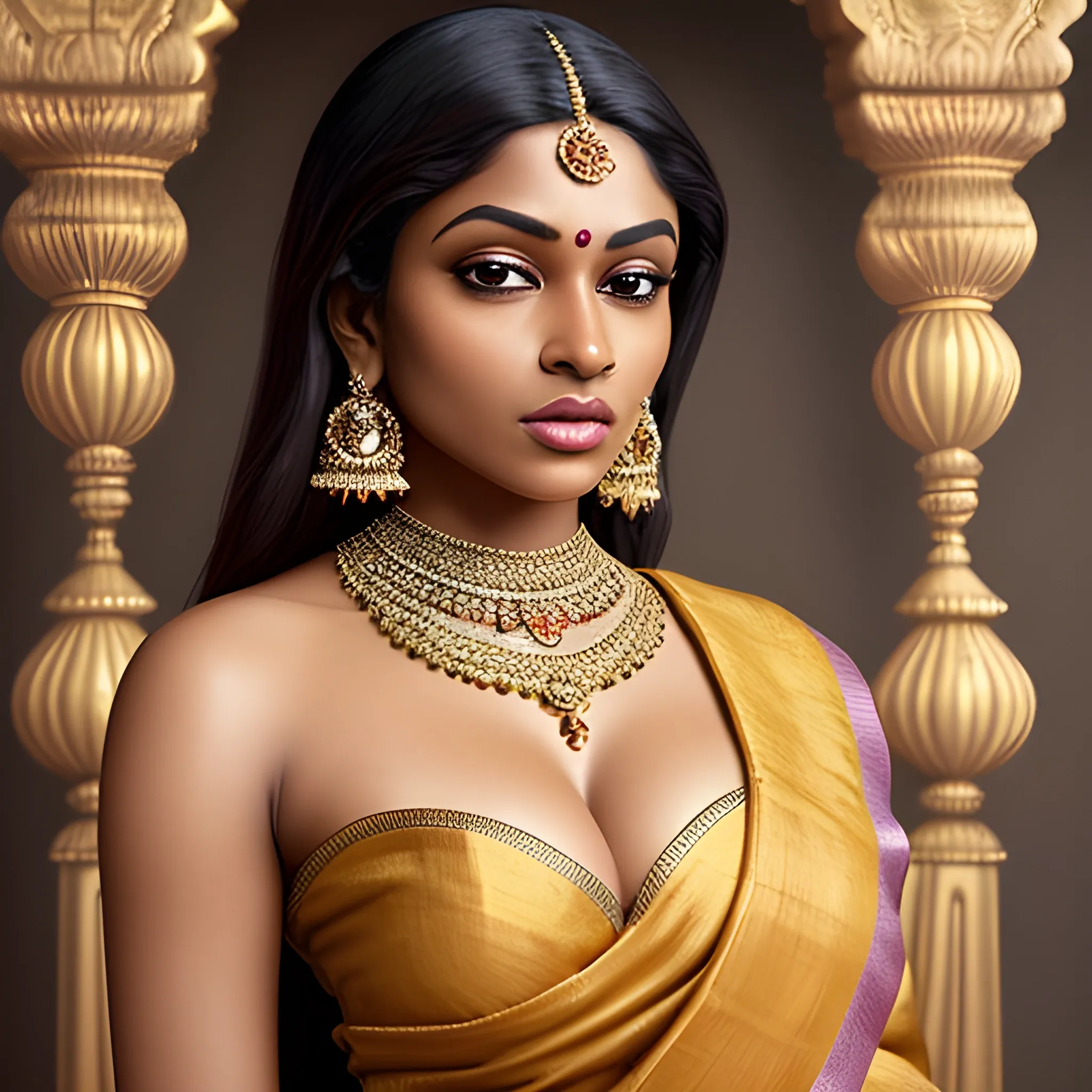 beautiful and sexy black Indian woman full body, 4, wearing Mustard Premium Banarasi Silk With Traditional Zari Weaves Saree, brunette hair. ((generous amount of cleavage, perfect breasts with slight sag)). rendered in the ornate and elaborate style of Baroque Surrealism, with intricate details and fantastical elements, using a rich color palette of soft pink and glittering silver to create a sense of grandeur and wonder, BREAK light skin complexion, pointed nose, rich sharp hazel eyes, rosy hint of blush. 