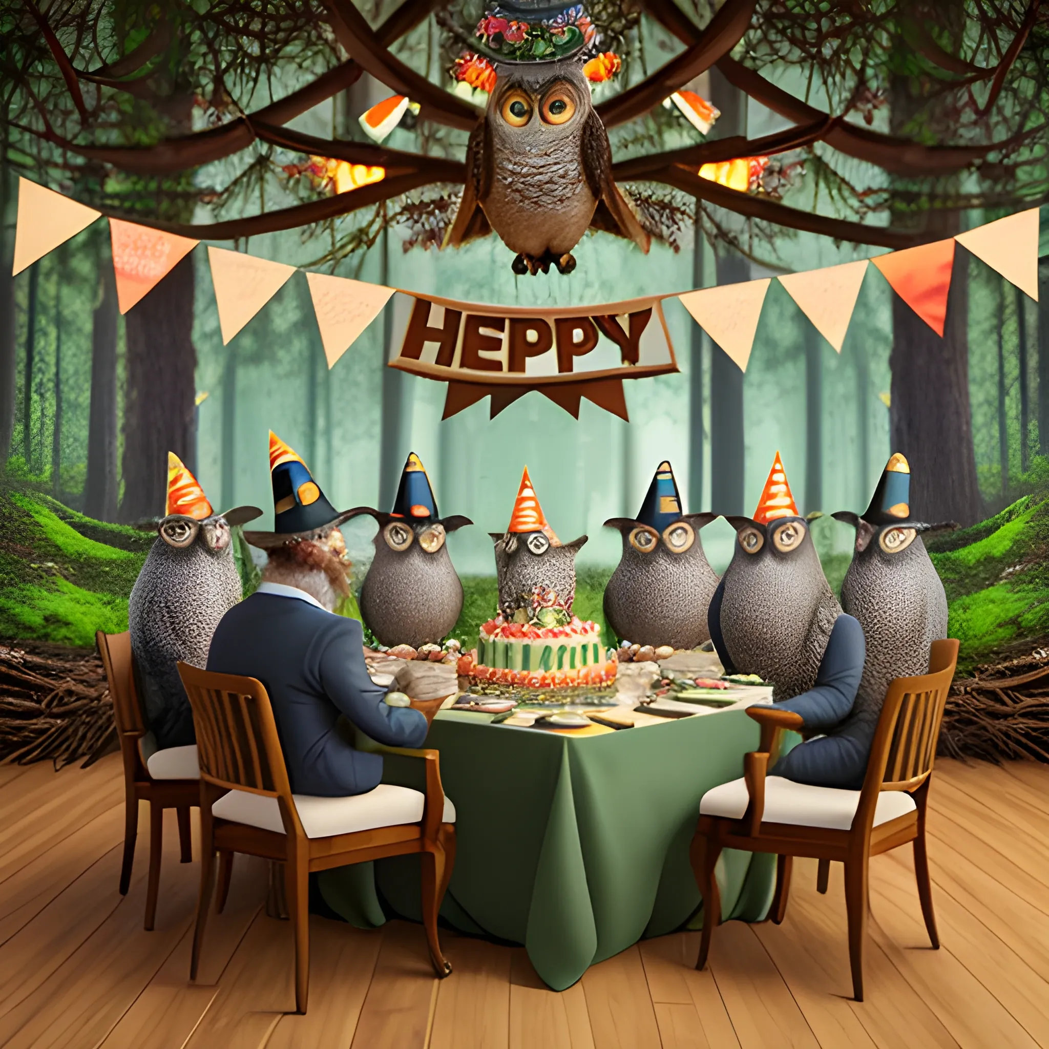 a group of owls in their nest wearing tiny birthday hats, all sitting around a tiny table with a birthday cake and a sign reading "Happy Birthday Dear!" with the blurry background of a forest behind them, lifelike, cinematic, ultra-realistic, photo-realistic, trending on art-station, 8k resolution