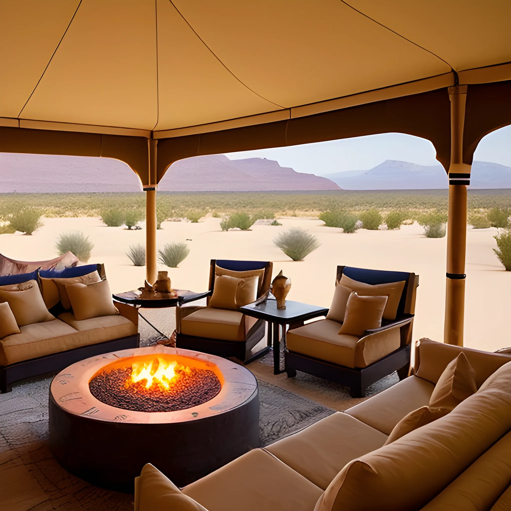 a luxurious desert camp in the Agafay Desert, called Itran, which means ‘stars’ in Tamazight. The camp features elegant Berber-style tents with traditional Moroccan patterns, set under a vast, starry night sky. Soft lighting from lanterns enhances the serene ambiance. The surroundings are a mix of sandy desert landscapes and rocky hills, with fire pits and cozy seating areas for guests to enjoy. The overall mood should be peaceful, with the sense of blending luxury with nature