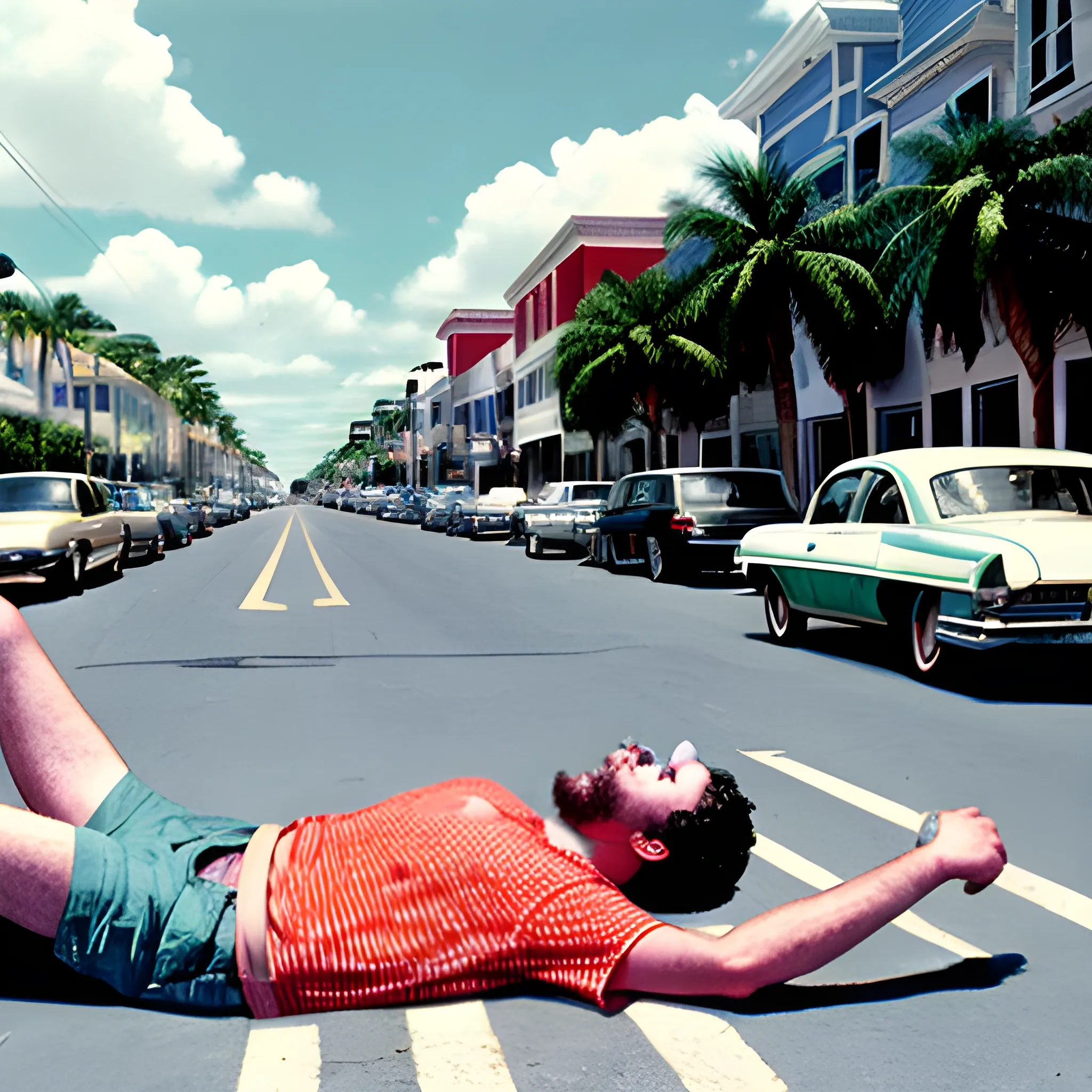 Stereotypical Florida man laying in the street while freaking out on drugs, as people look on in horror. Vintage aesthetic