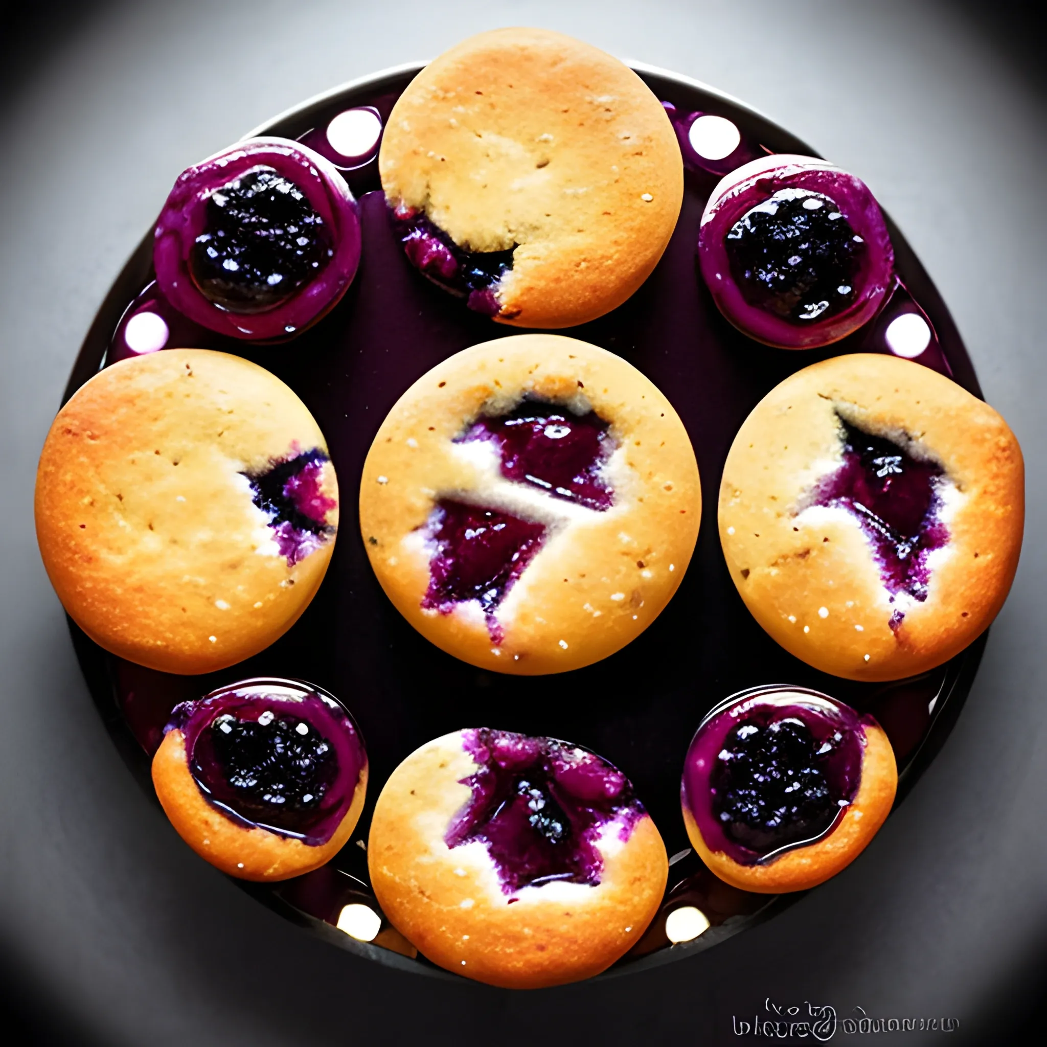 Capture the essence of a muffin filled with blackberry jam in a single image for our recipe instagram in realistic style. Show off its golden, lacy texture and the perfect balance. Make our readers crave a bite just by looking at your photo. We want to see it in all its mouthwatering glory, ready to inspire cooks and bakers alike. Get creative with your composition, lighting, and styling