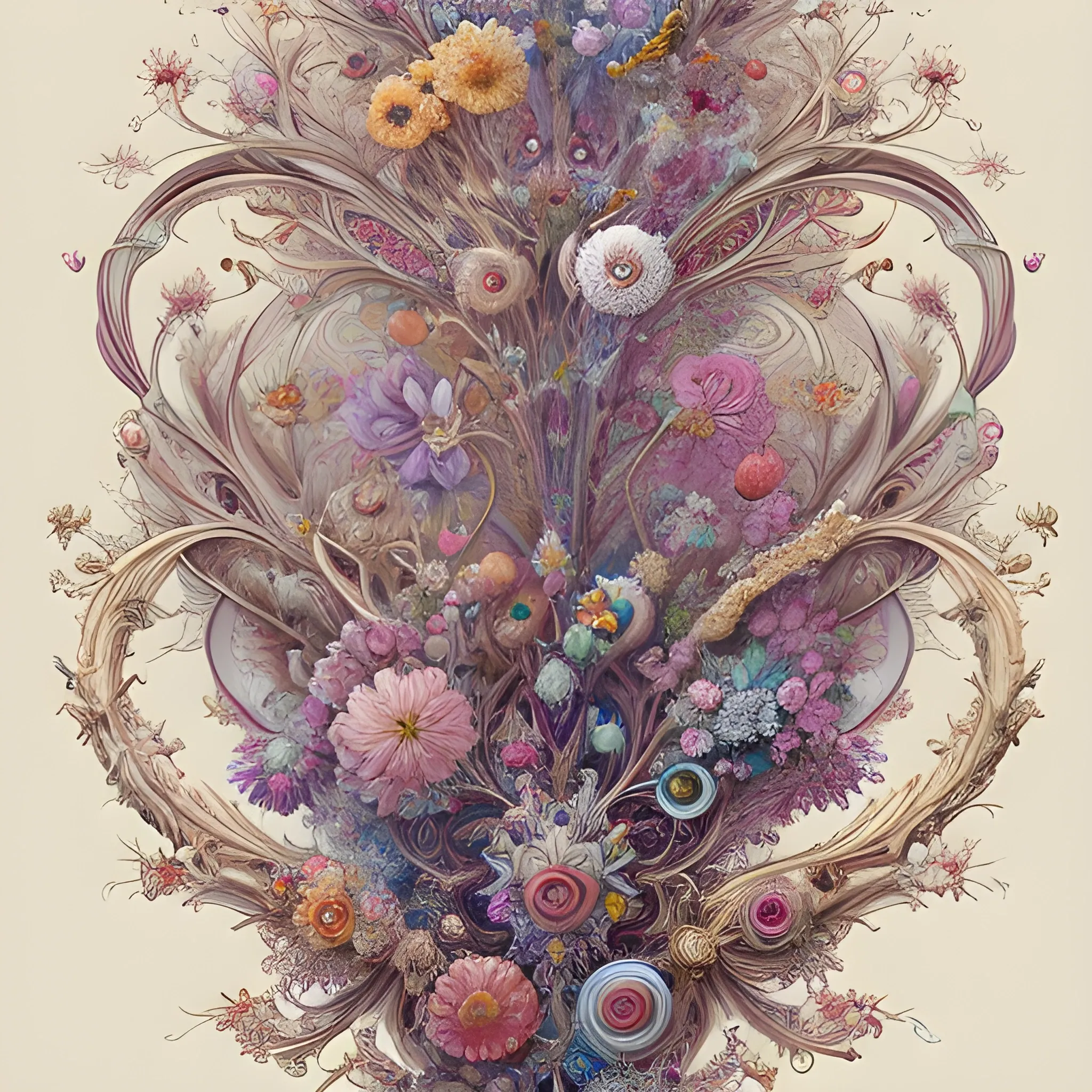 an ultra hd detailed painting of many different types of flowers by Android Jones, Earnst Haeckel, James Jean. behance contest winner, generative art, Baroque, intricate patterns, fractalism, rococo