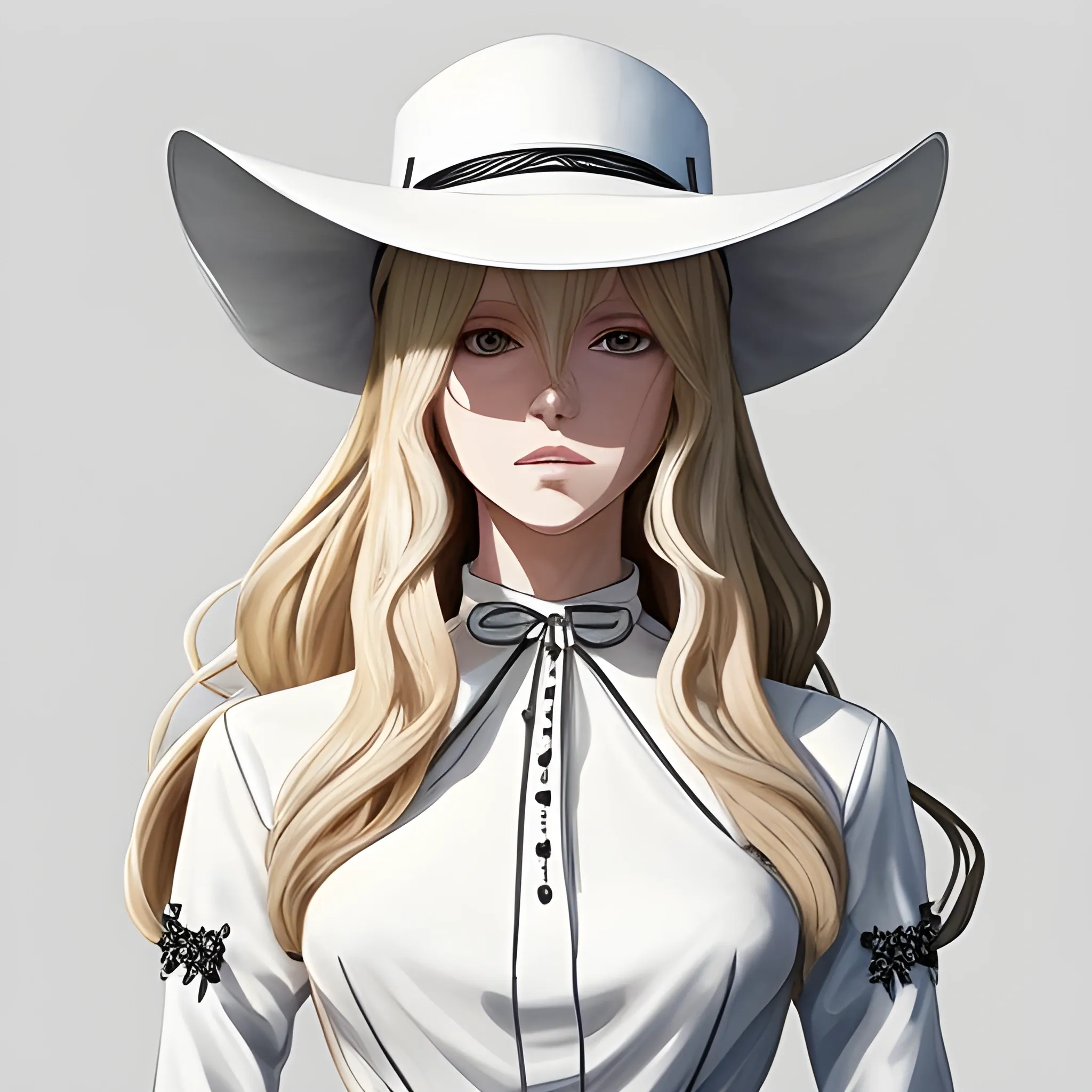 Digital illustration featuring a stylish, anime-inspired character. The subject is a woman with long, wavy blonde hair cascading down her shoulders, wearing a wide-brimmed white hat adorned with a ribbon. She has fair skin and a confident expression, with her gaze directed to the side. Her outfit is a sophisticated, all-white ensemble consisting of a high-necked, long-sleeved top with intricate detailing and a pair of high-waisted pants secured with a wide belt. The clothing features multiple straps and buckles, adding a touch of complexity and elegance to the design. The background is solid black, which contrasts sharply with the light tones of her attire, making her figure stand out prominently., Oil Painting, Water Color, 3D