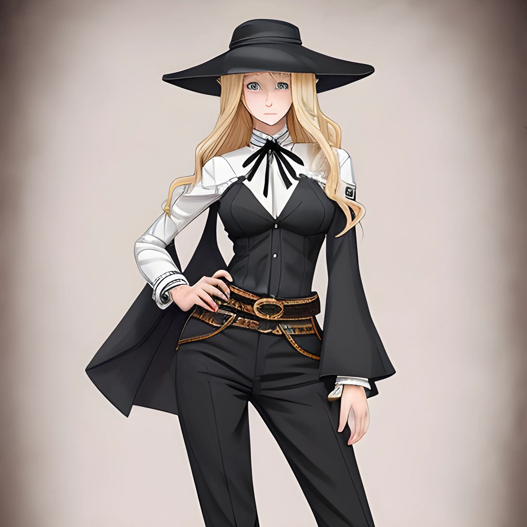 Digital illustration featuring a stylish, anime-inspired character. The subject is a woman with long, wavy blonde hair cascading down her shoulders, wearing a wide-brimmed white hat adorned with a ribbon. She has fair skin and a confident expression, with her gaze directed to the side. Her outfit is a sophisticated, all-white ensemble consisting of a high-necked, long-sleeved top with intricate detailing and a pair of high-waisted pants secured with a wide belt. The clothing features multiple straps and buckles, adding a touch of complexity and elegance to the design. The background is solid black, which contrasts sharply with the light tones of her attire, making her figure stand out prominently., Oil Painting, Water Color, 3D, Full body shot