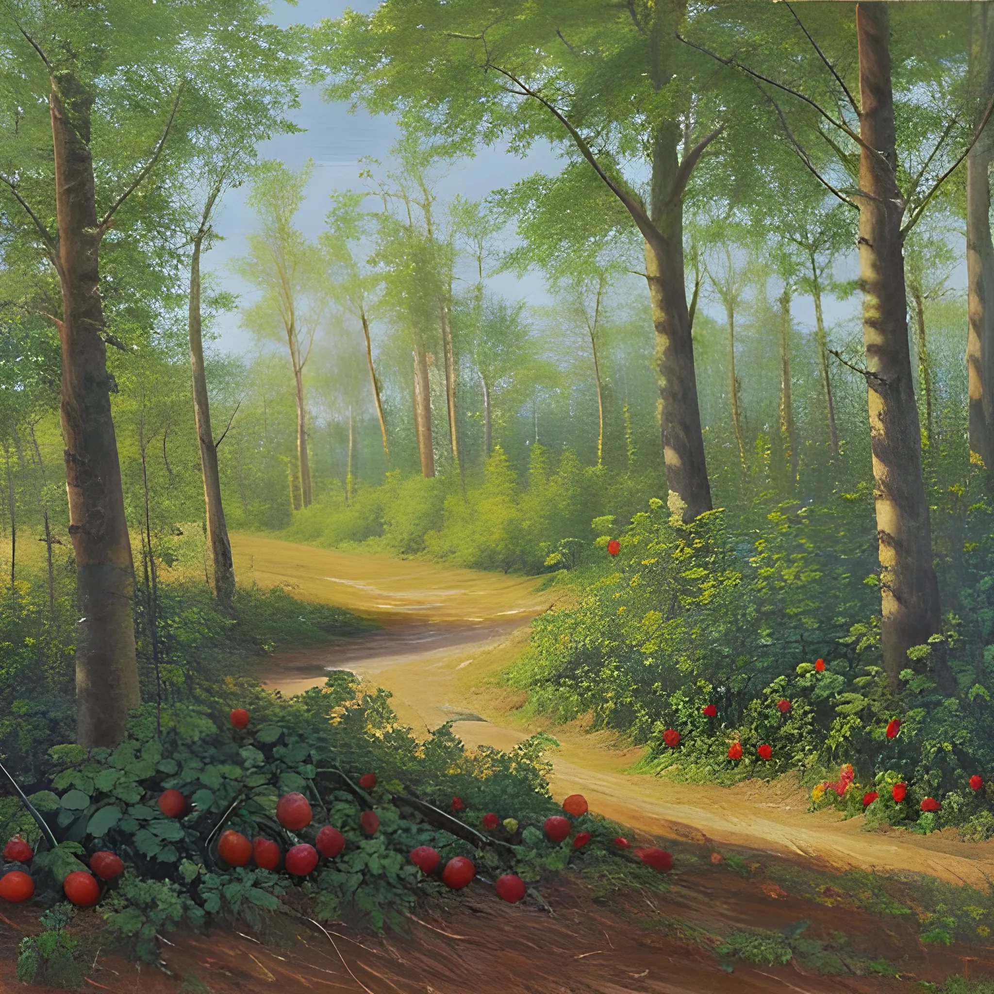 , Oil Painting, A forest clearing. There is a strawberry bush in the clearing. Juicy berries bend a branch of a berry bush to the ground. There is a bright blue sky above the forest.