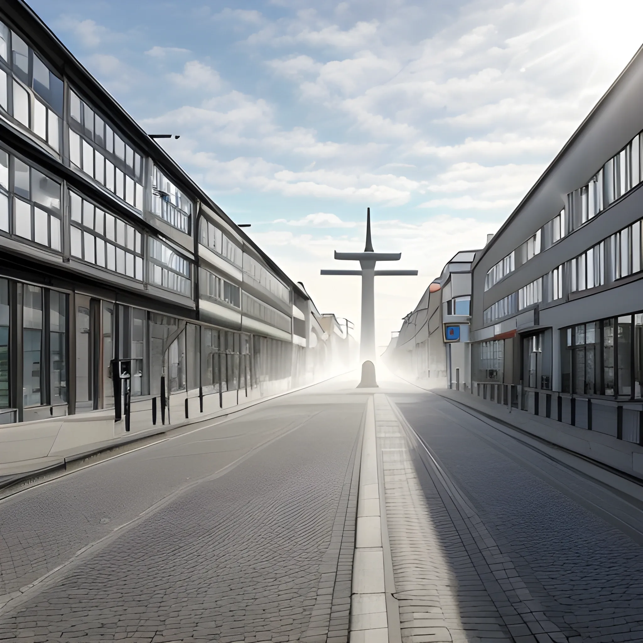 Erstelle ein Bild einer belebten Straße in Deutschland mit einer Werbetafel edijen kraftwerker Solaranalgen, lecihter Nebel
