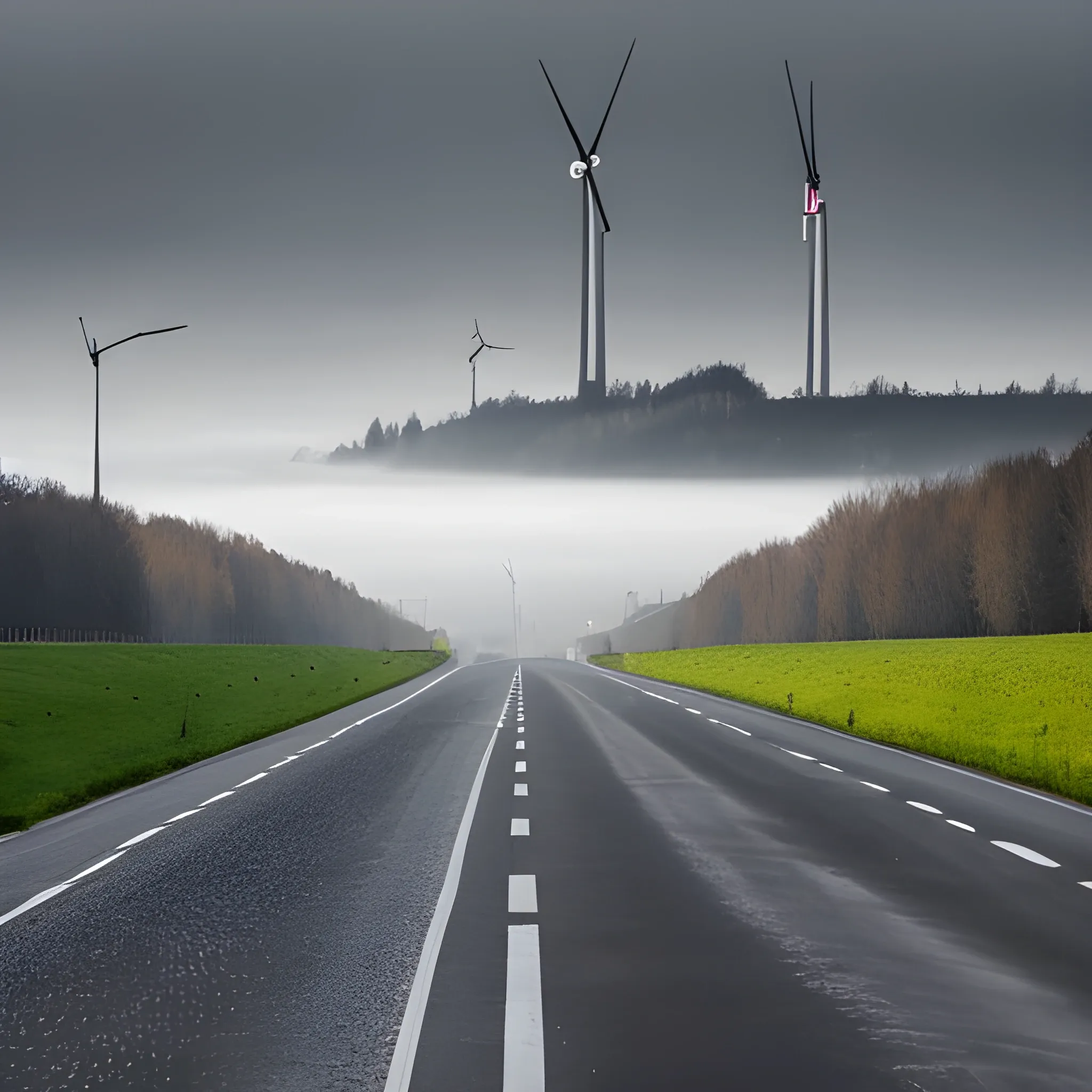 Erstelle ein Bild einer belebten Straße in Deutschland mit einer Werbetafel mit dem Slogan: edijen kraftwerker Solaranalgen, leichter Nebel
