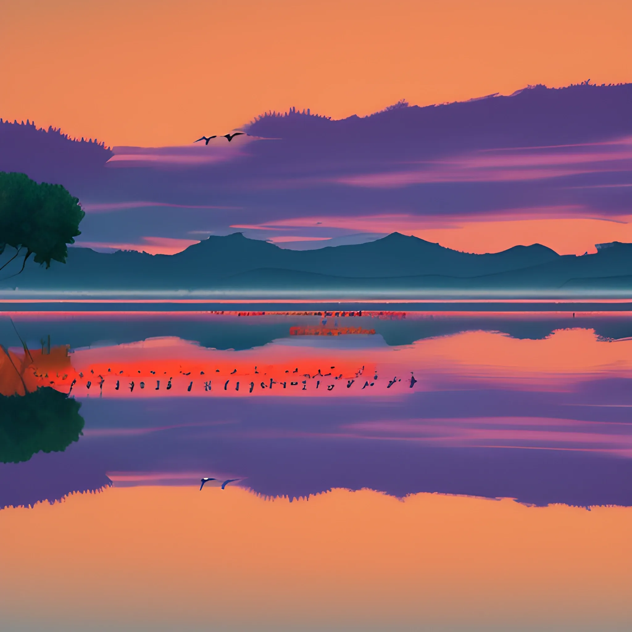 A flock of migratory birds flying over a picturesque lake at sunset, the orange and purple hues of the sky reflected in the water, 8K, ultra realism --ar 9:16 --v 5.1, Water Color