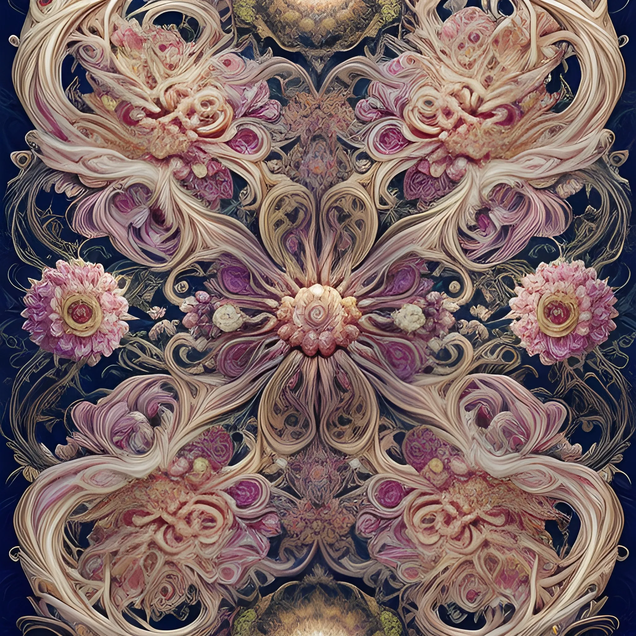 an ultra hd detailed painting of many different types of flowers by Android Jones, Earnst Haeckel, James Jean. behance contest winner, generative art, Baroque, intricate patterns, fractalism, rococo, Oil Painting