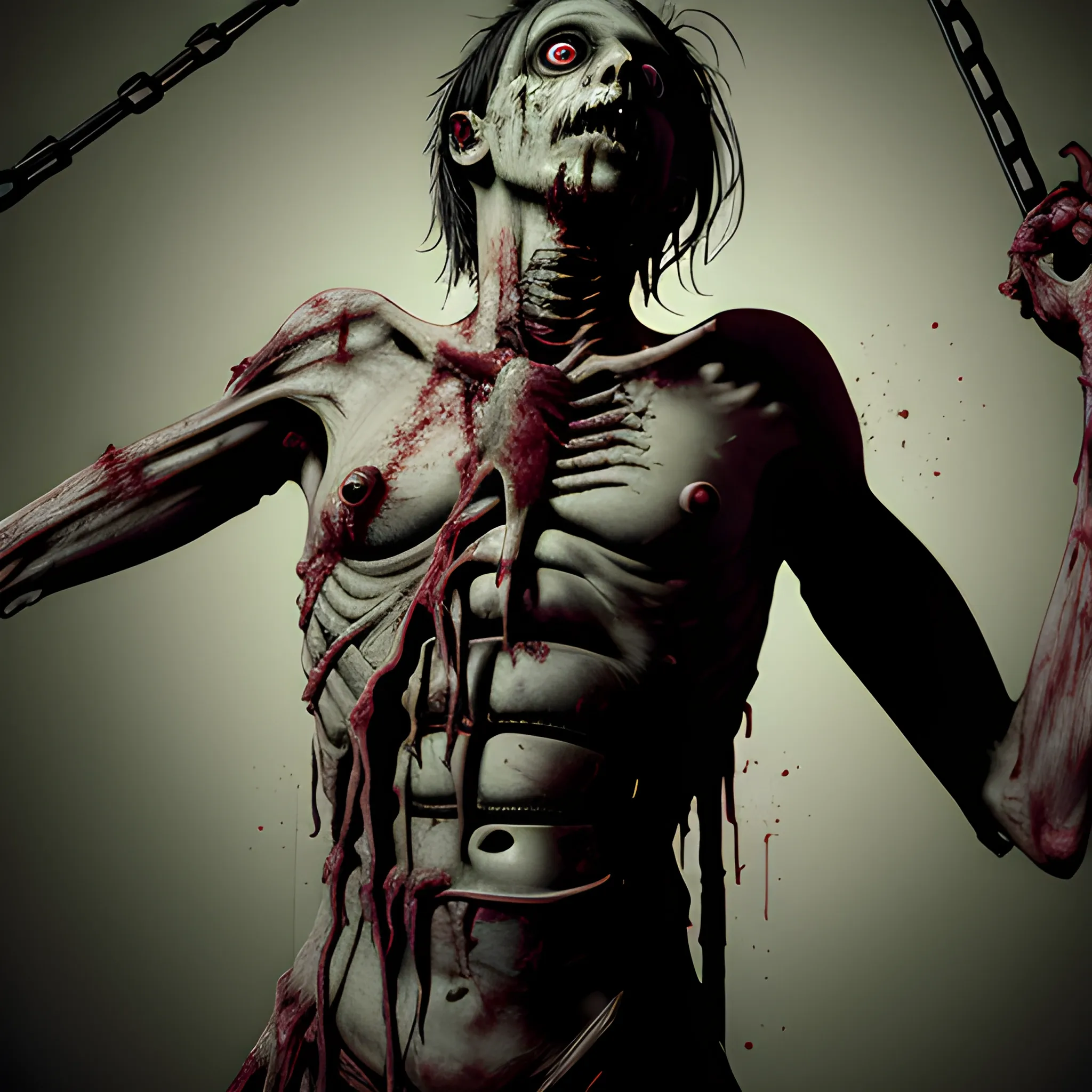 A male zombie hanging upside down by the waist, with no lower limbs, suspended from a rope wrapped tightly around the exposed spinal column. The torso dangles with decaying flesh, bones visible, and blood dripping from the severed area. The camera angle is slightly below, looking up to emphasize the gruesome sight. The style reflects a dark, gritty horror game, with minimal lighting casting deep shadows on the zombie's rotting body, while the background remains completely black, focusing all attention on the horrifying figure.