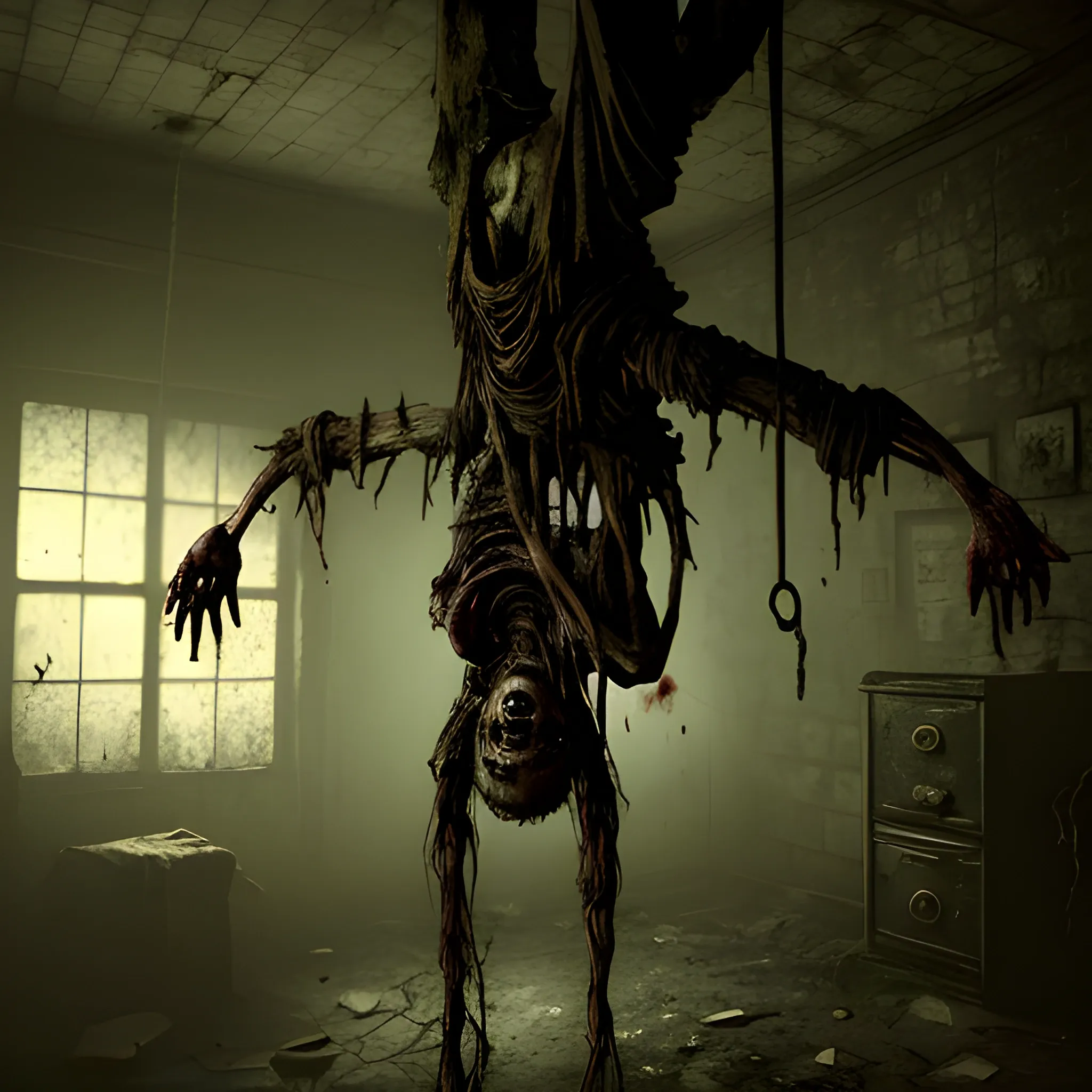 A male zombie hanging upside down by the waist, missing its lower limbs, with a thick rope tied tightly around the exposed spinal column. The body, decayed and covered in blood, dangles grotesquely, with the rotting skin and exposed bones illuminated by a harsh, dim light. The camera angle is slightly below the figure, looking upwards, creating a sense of dread and isolation. The overall atmosphere is dark and oppressive, with heavy shadows and minimal lighting, much like a horror scene. The background is barely visible, shrouded in darkness, adding to the grim, unsettling tone, similar to the eerie, gritty style of a horror game with a claustrophobic, decayed environment.