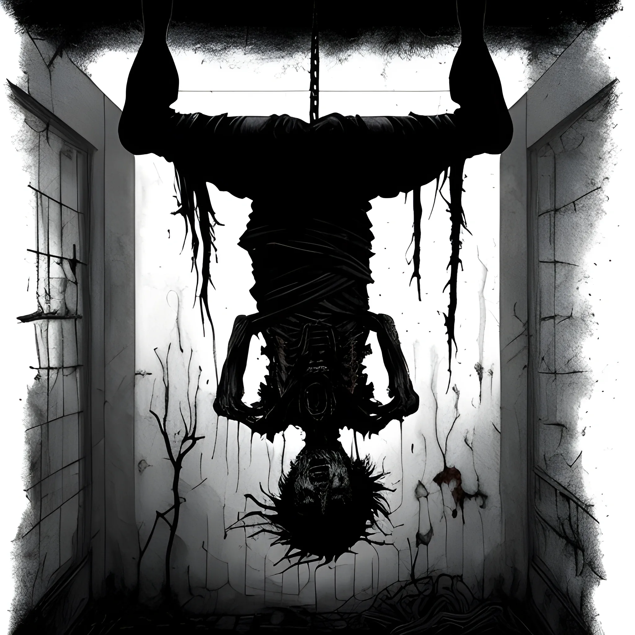 A male zombie hanging upside down by the waist, missing its lower limbs, with a thick rope tied tightly around the exposed spinal column. The body, decayed and covered in blood, dangles grotesquely, with the rotting skin and exposed bones illuminated by a harsh, dim light. The camera angle is slightly below the figure, looking upwards, creating a sense of dread and isolation. The overall atmosphere is dark and oppressive, with heavy shadows and minimal lighting, much like a horror scene. The background is barely visible, shrouded in darkness, adding to the grim, unsettling tone, similar to the eerie, gritty style of a horror game with a claustrophobic, decayed environment., color Pencil Sketch